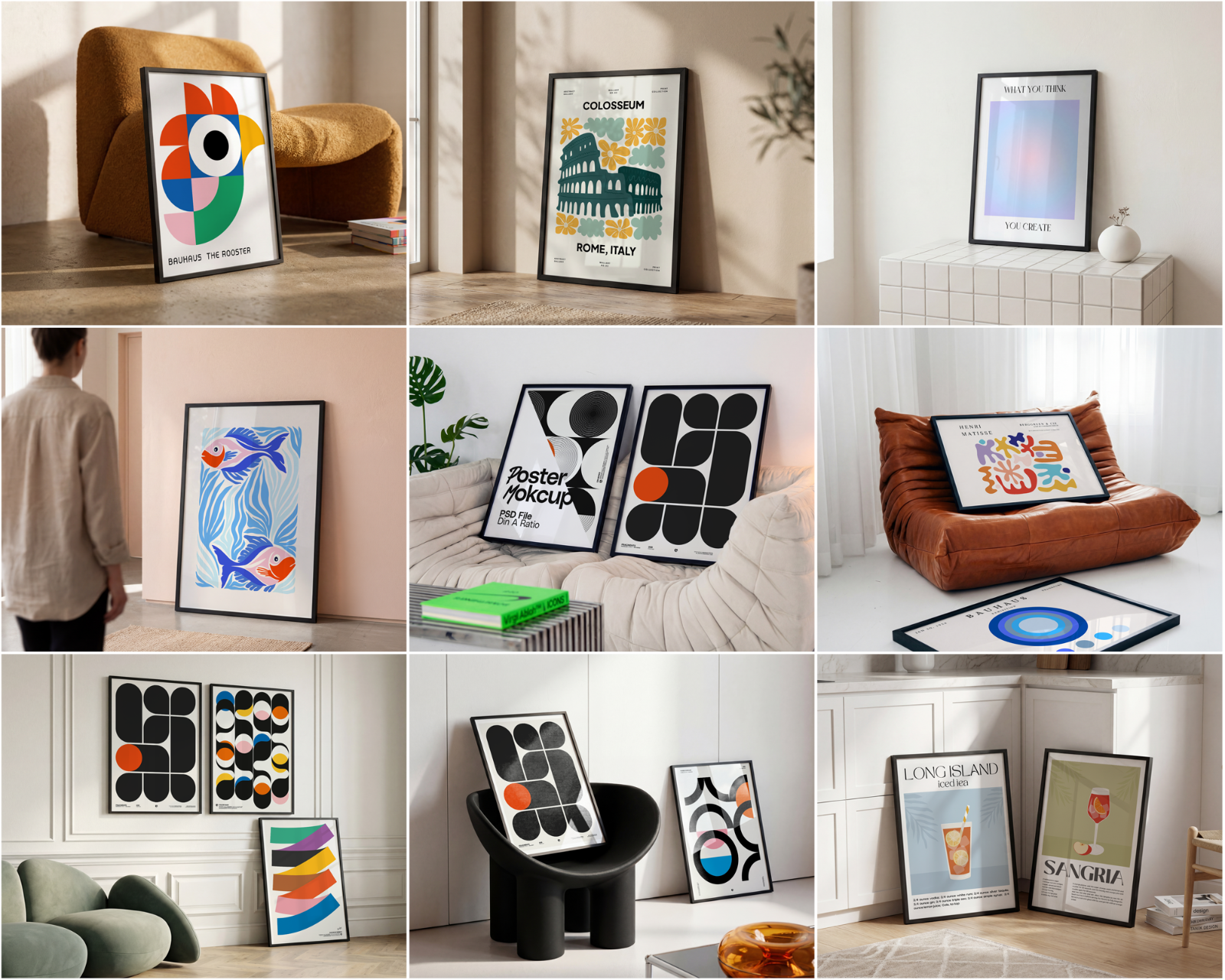 100 Black Frame Poster Mockup PSD Bundle, Wall Art & Poster Smart Object Template