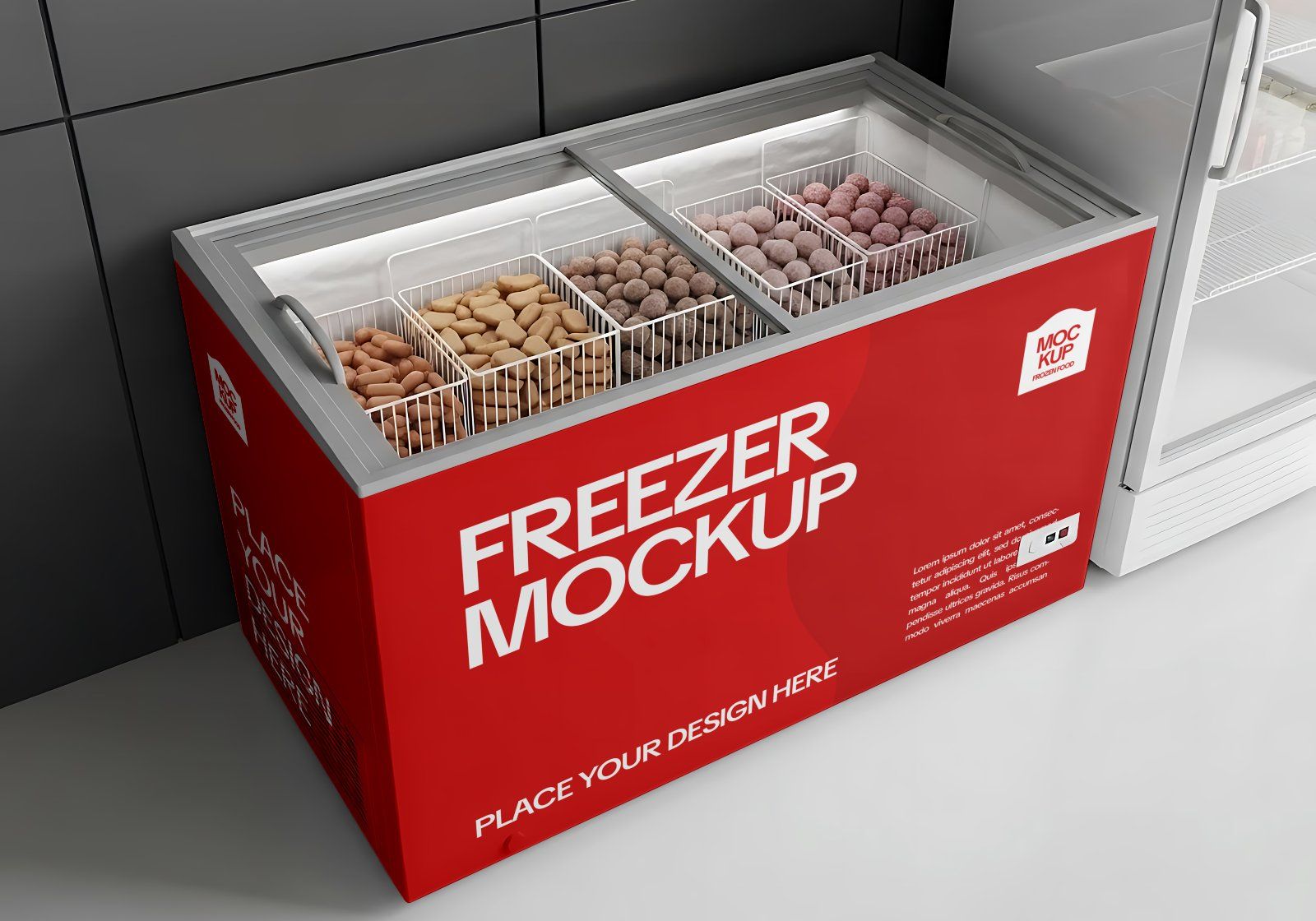 Frozen Food Store Mockup Bundle PSD – Freezer, Packaging & Price Tag Display