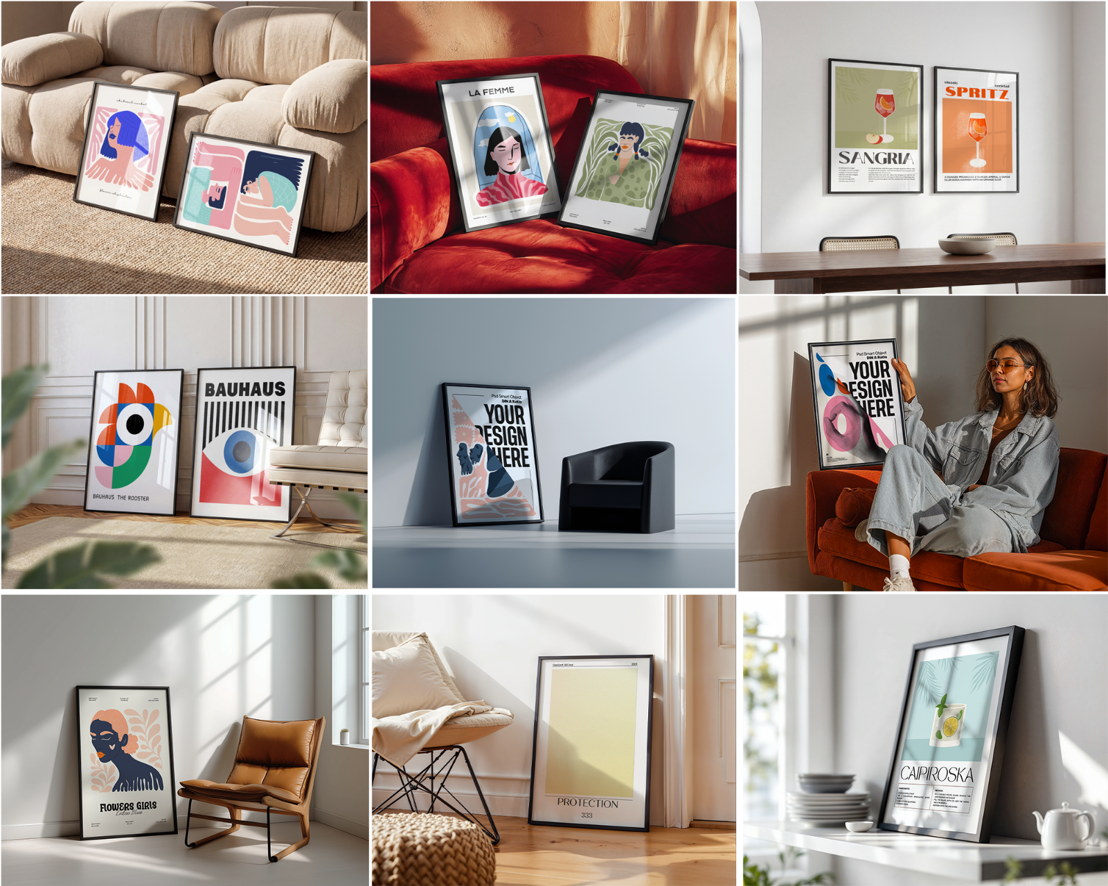 100 Black Frame Poster Mockup PSD Bundle, Wall Art & Poster Smart Object Template