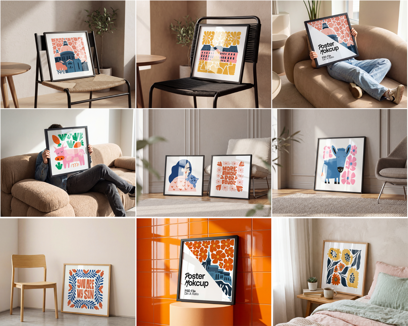 100 Square Frame Poster Mockups Bundle, PSD Smart Object Template