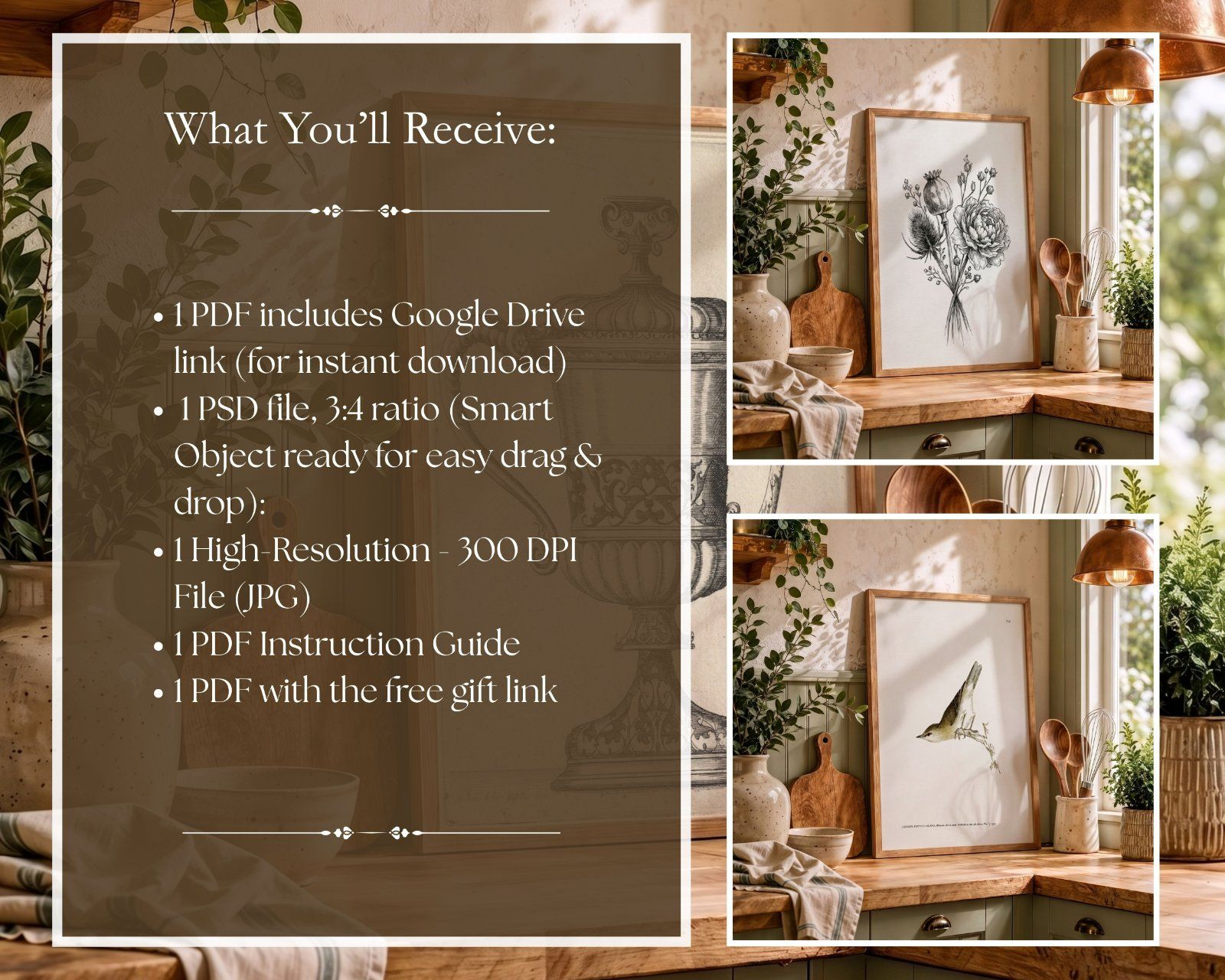 country cottage kitchen 3x4 ratio frame mockup, wooden frame on the counter mockup,