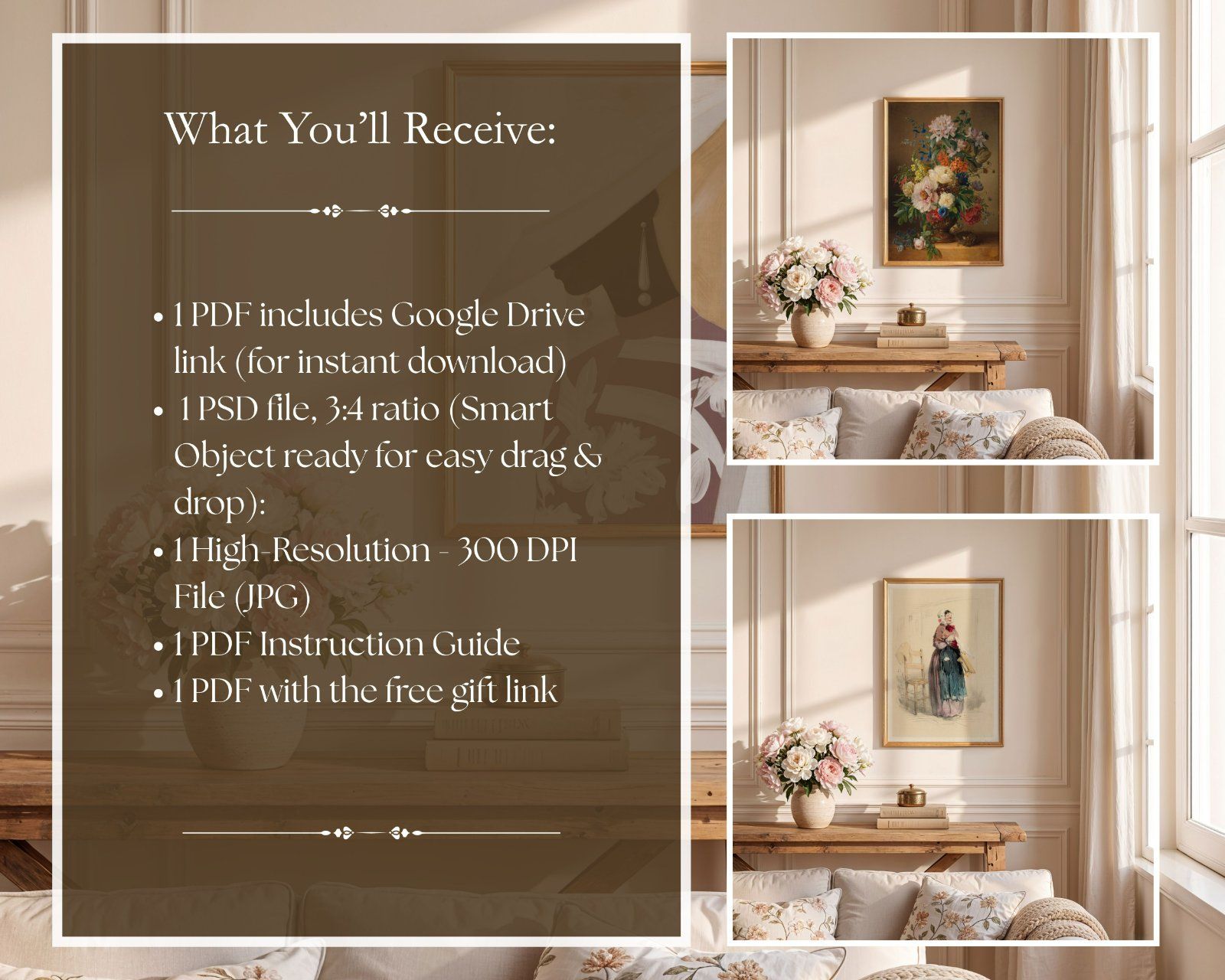 light wood frame in French interior, Vertical Art Display 3x4 ratio, editable PSD file,