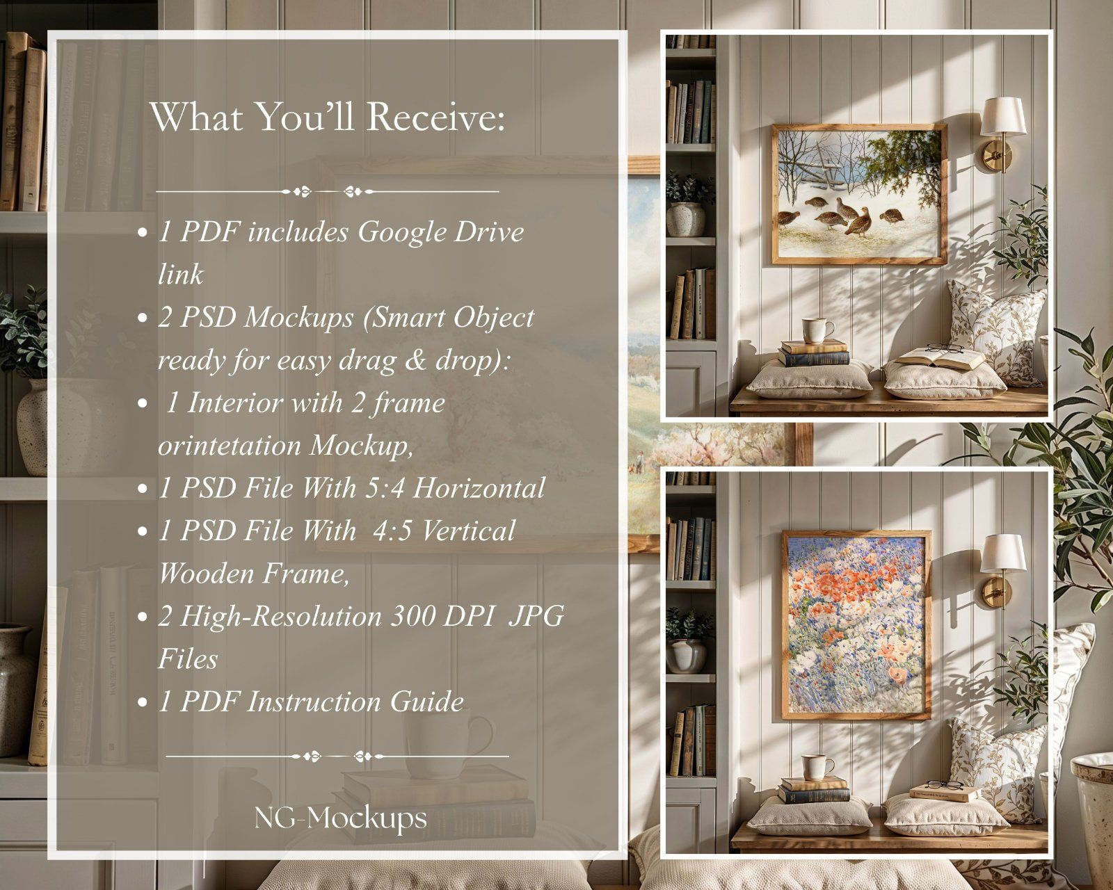 Set of 2 PSD files frame mockup, 5x4 ratio mockup, 4:5 Ratio portrait frame mockup, reading nook dec