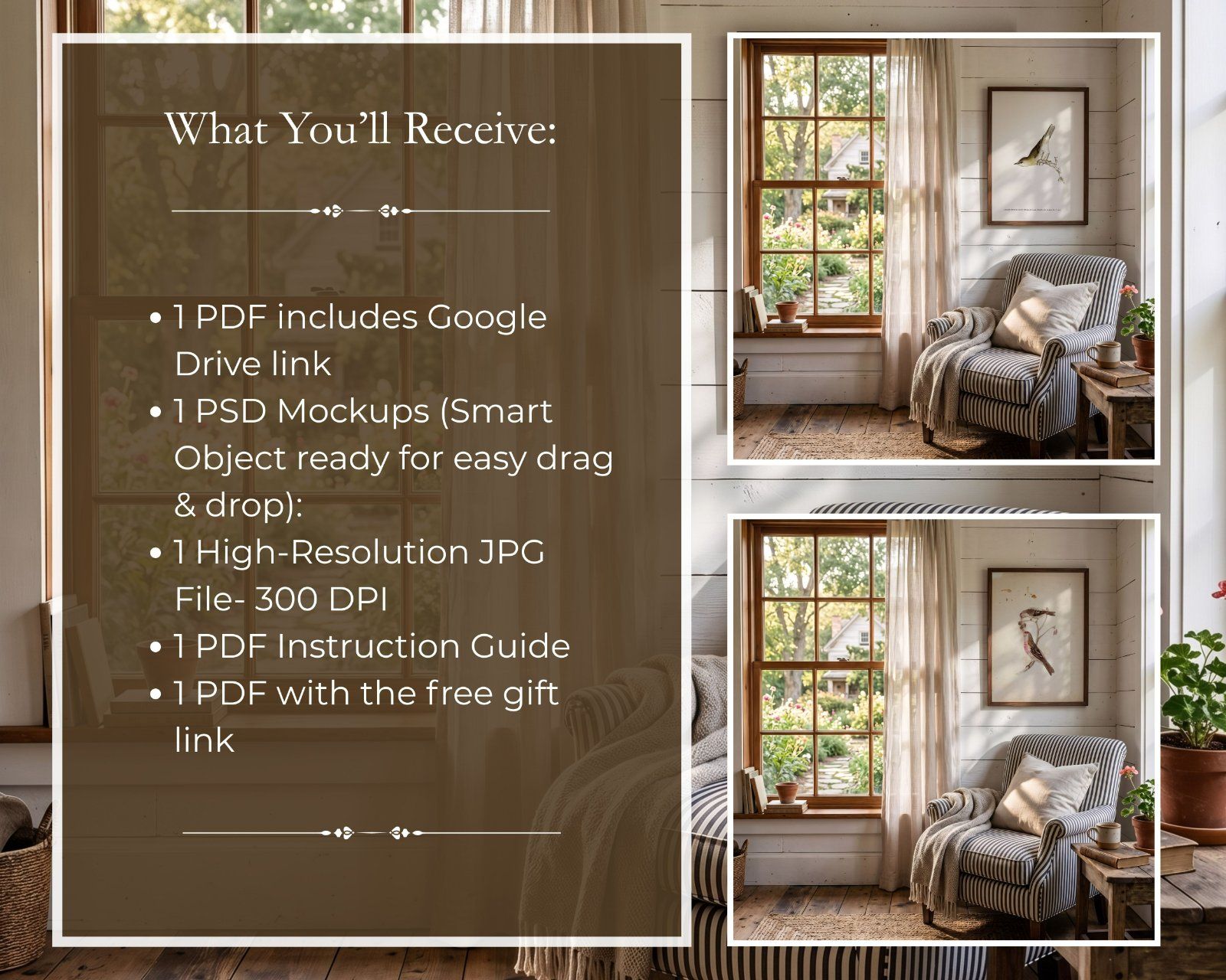 3:4 Wooden Frame Mockup, Rustic Farmhouse Wall Art Scene (PSD, JPG),