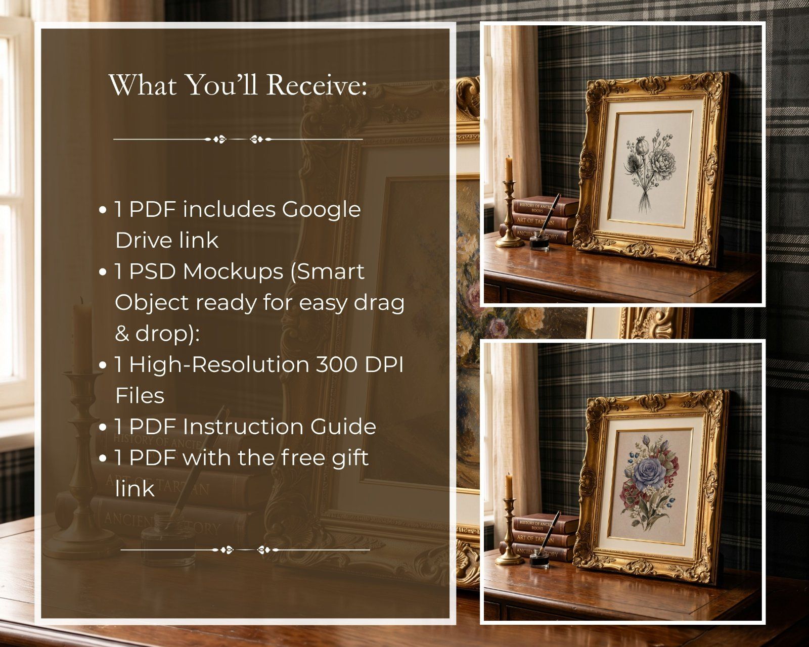 3:4 Gold Ornate Frame Mockup PSD, Vintage Antique Picture Frame Mockup, Editable Smart Object,