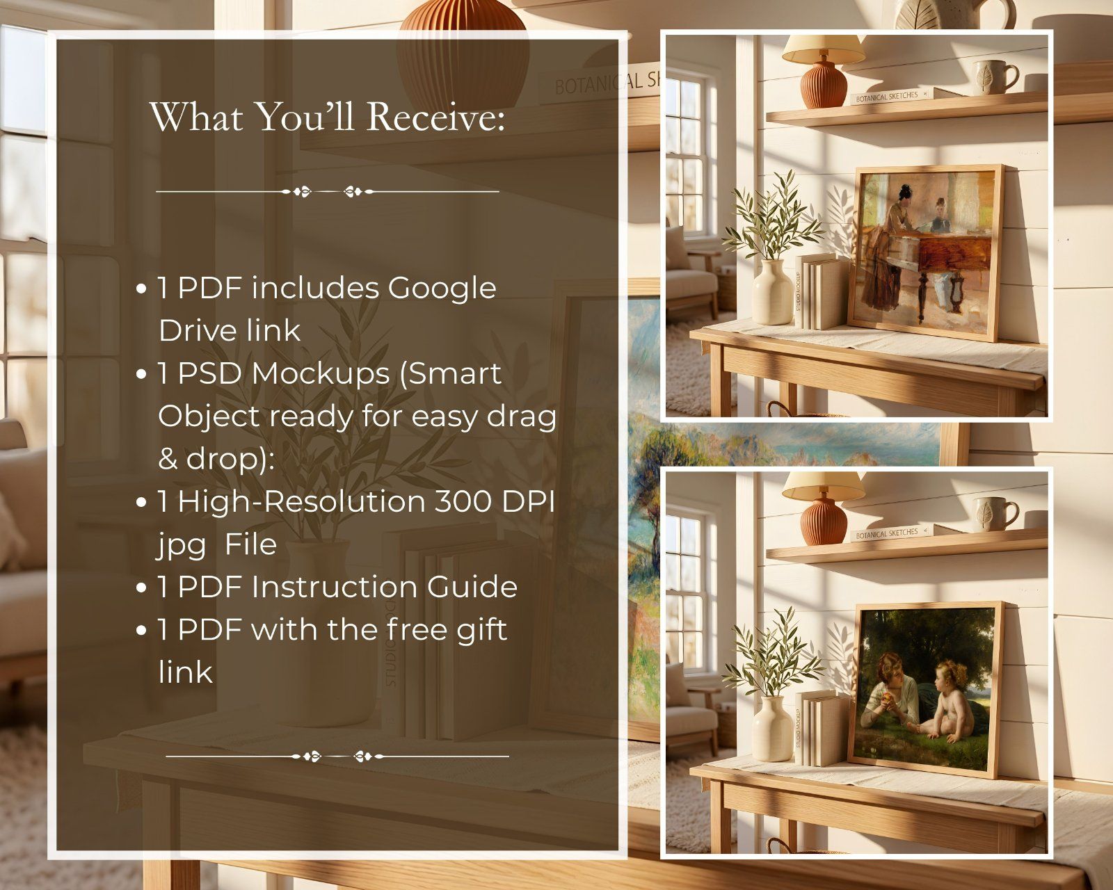 Square Frame Mockup, Thin Oak Frame in Farmhouse Interior, Leaning on the wall frame