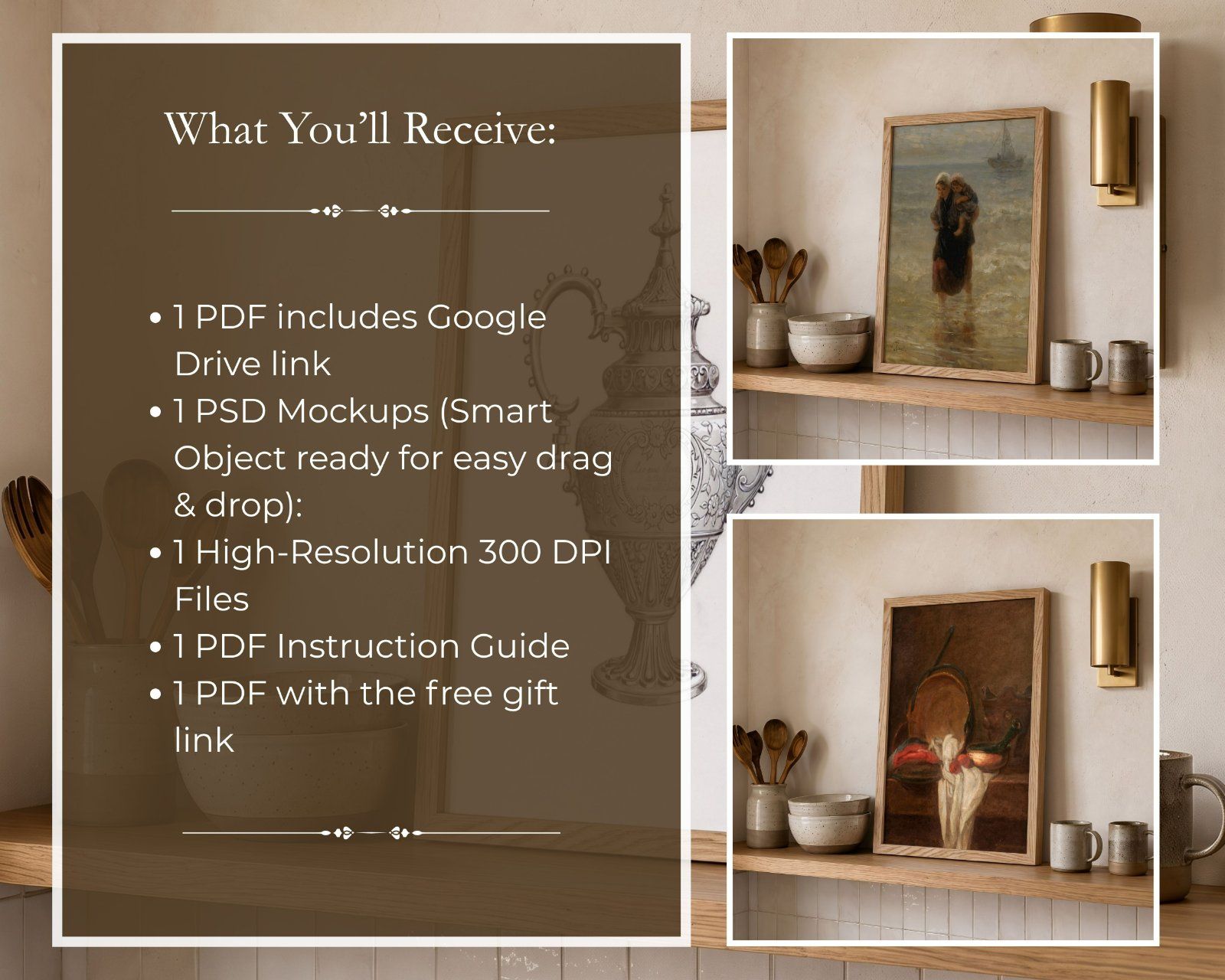 2X3 Frame Mockup, Thin Oak Frame Mockup on the kitchen shelf, Realistic PSD Template