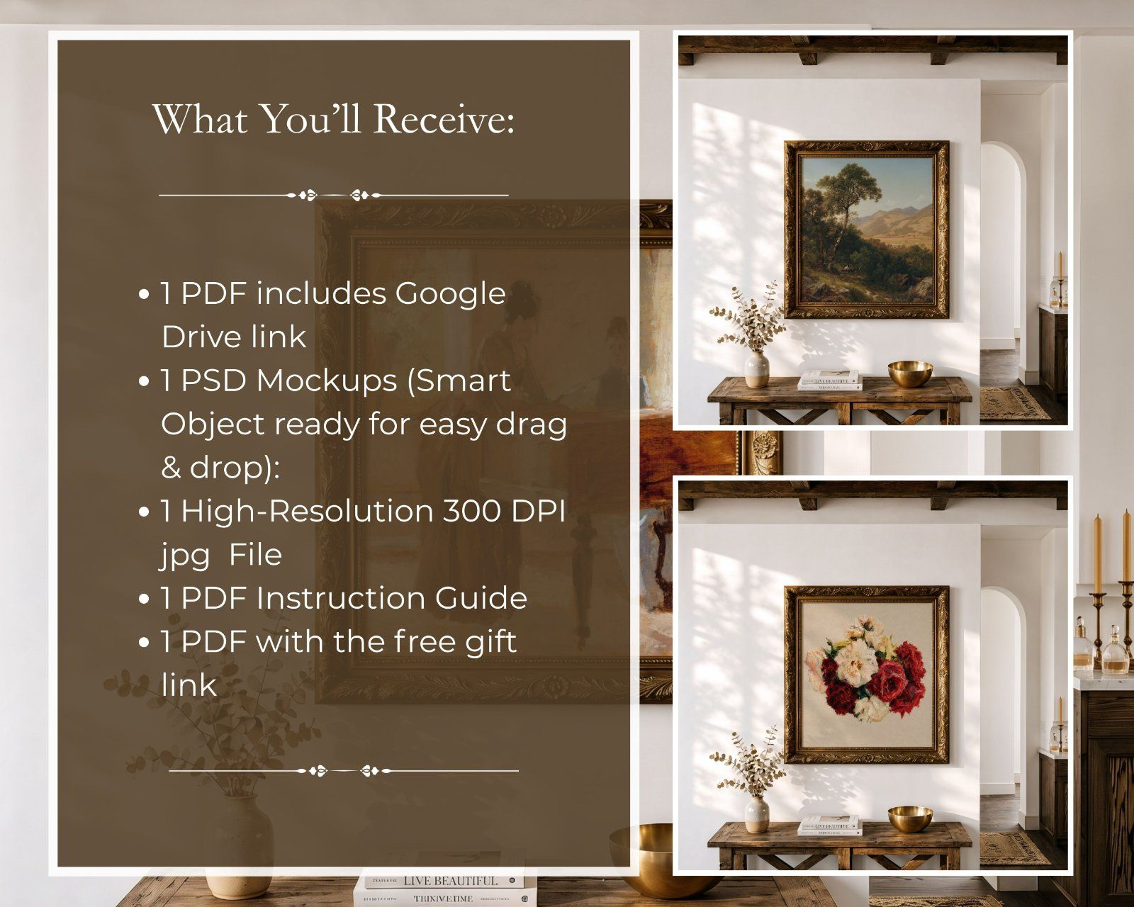 1:1 Square Frame Mockup, gold ornate frame on the wall in Farmhouse Interior,