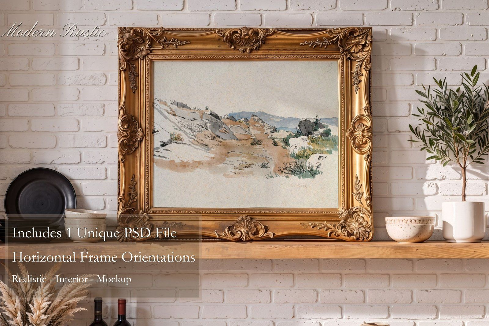 Gold ornate frame Mockup PSD, horizontal frame Ratio 4x5
