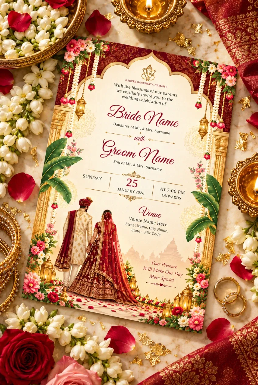 Luxury Indian Wedding Invitation Template | Editable PSD, PPT & PDF | Traditional Hindu Wedding Card — image 2