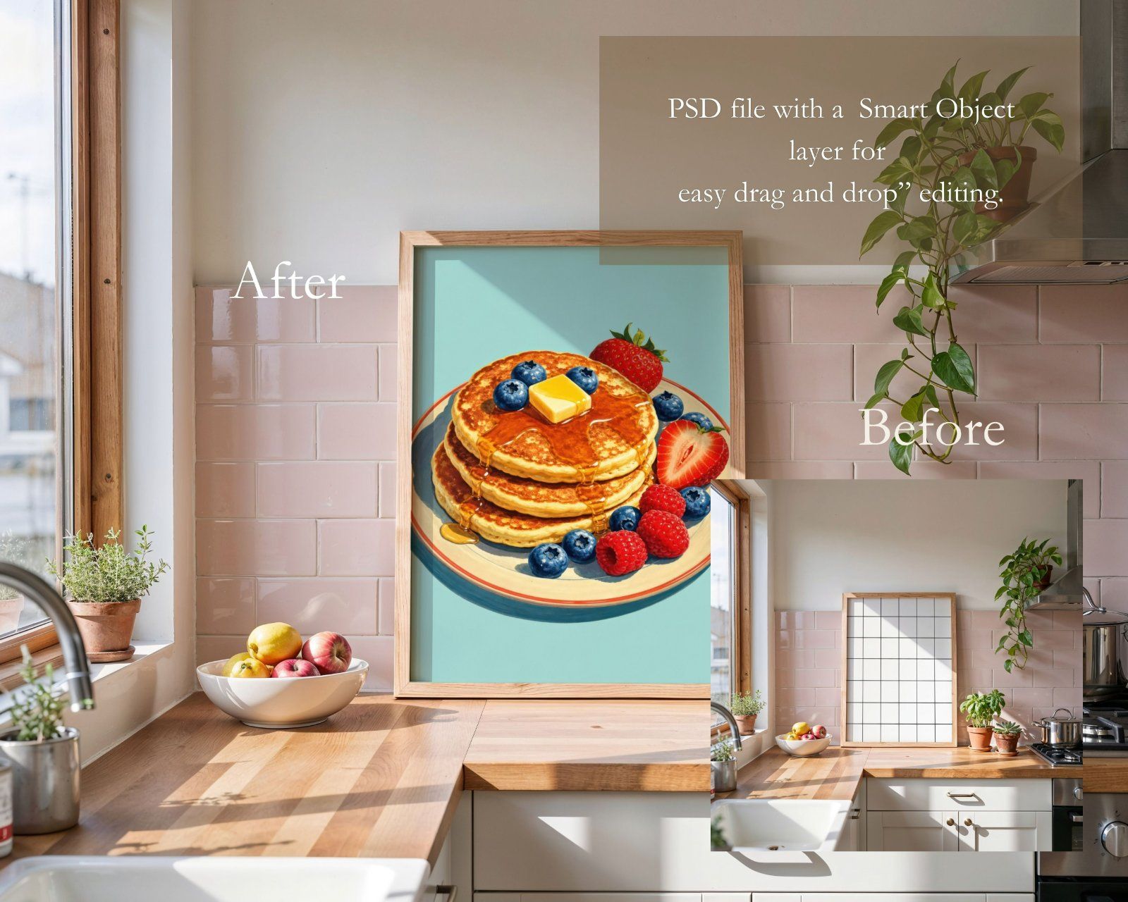 Kitchen Frame Mockup, Vertical 3x4 Ratio Frame on Wooden kitchen Counter mockup,