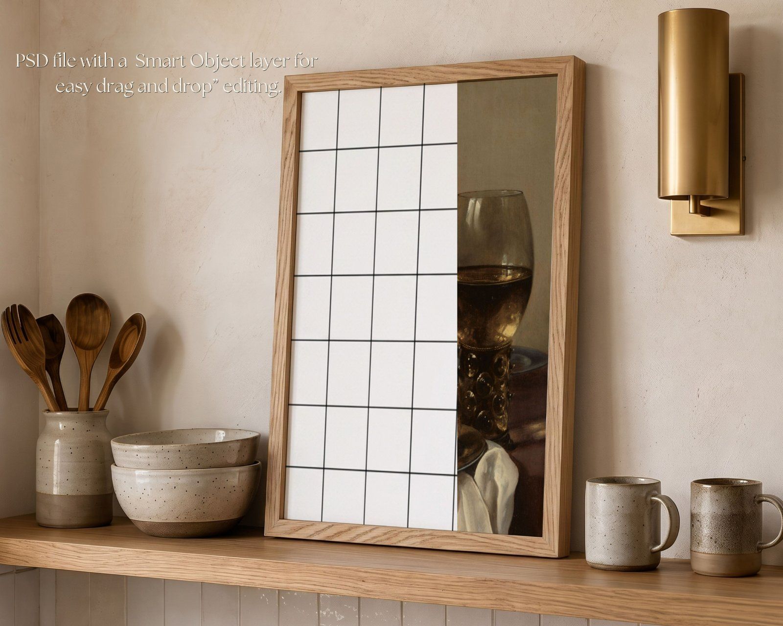 2X3 Frame Mockup, Thin Oak Frame Mockup on the kitchen shelf, Realistic PSD Template