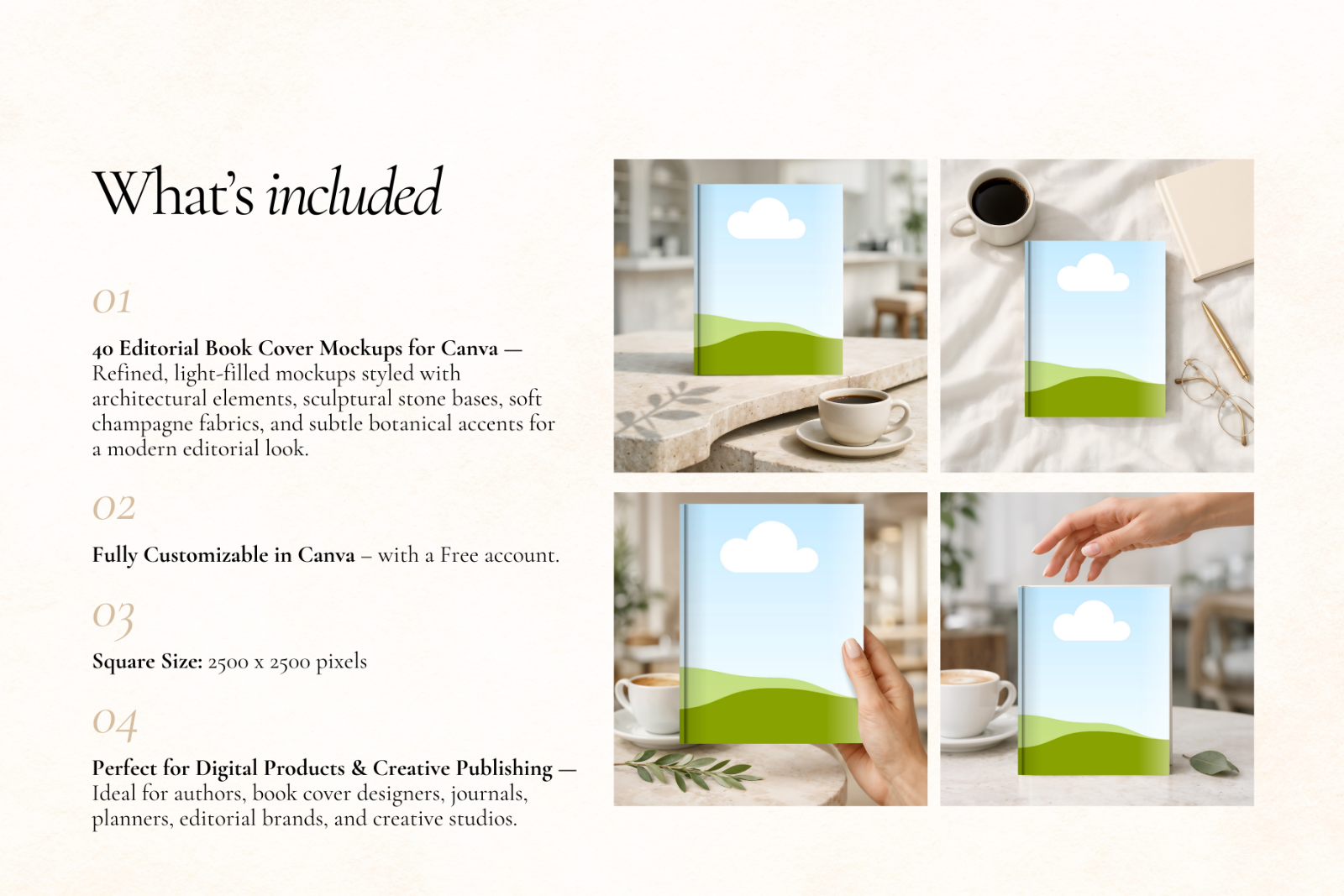 40 Editorial Book Cover Mockups for Canva