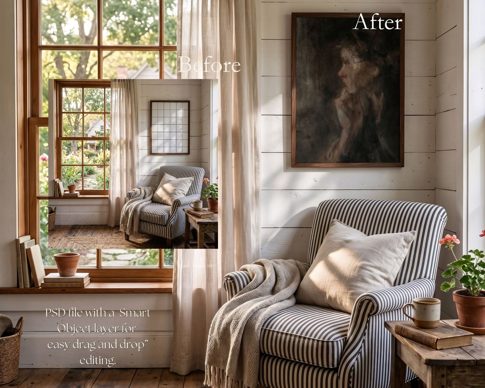 3:4 Wooden Frame Mockup, Rustic Farmhouse Wall Art Scene (PSD, JPG),