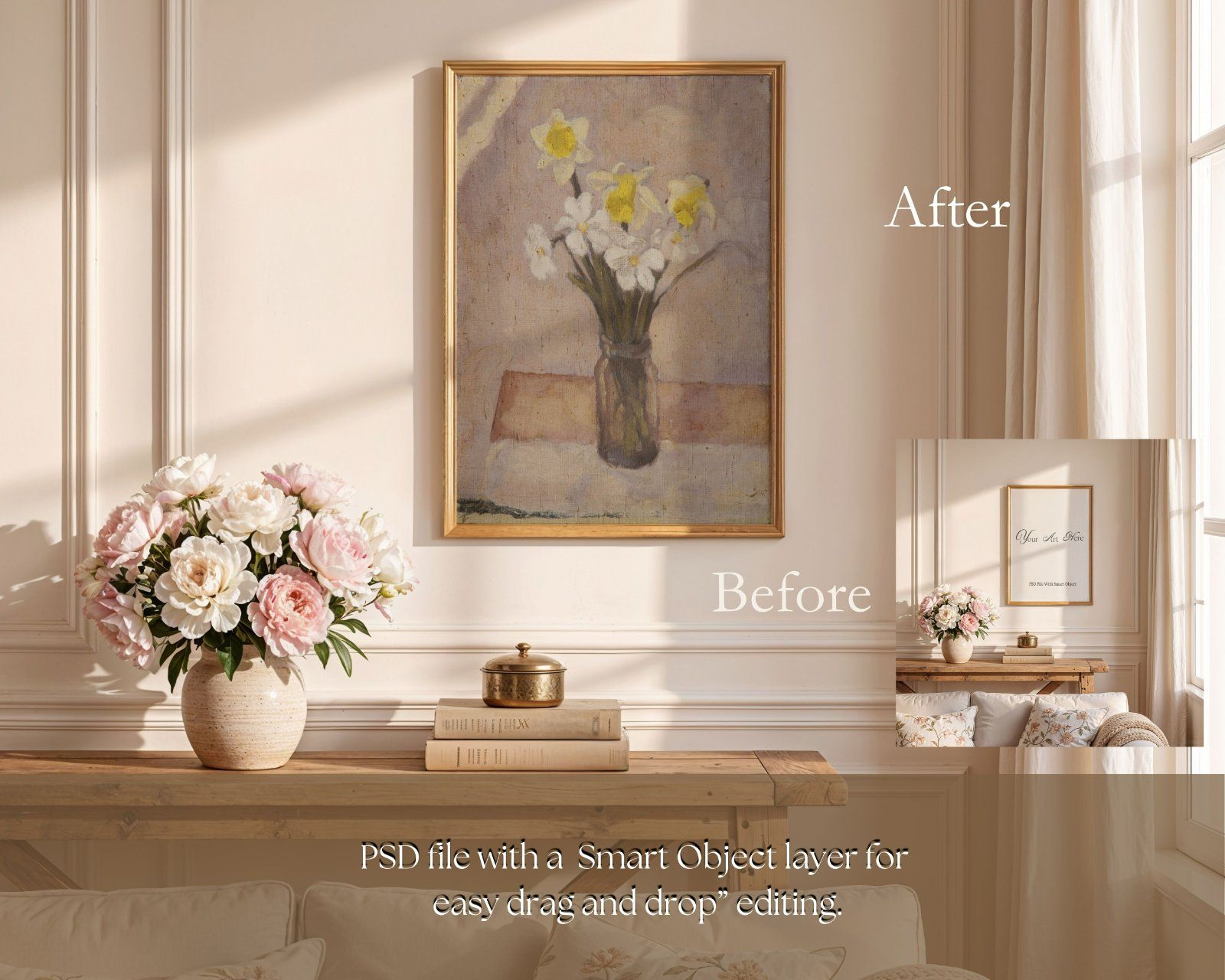 light wood frame in French interior, Vertical Art Display 3x4 ratio, editable PSD file,