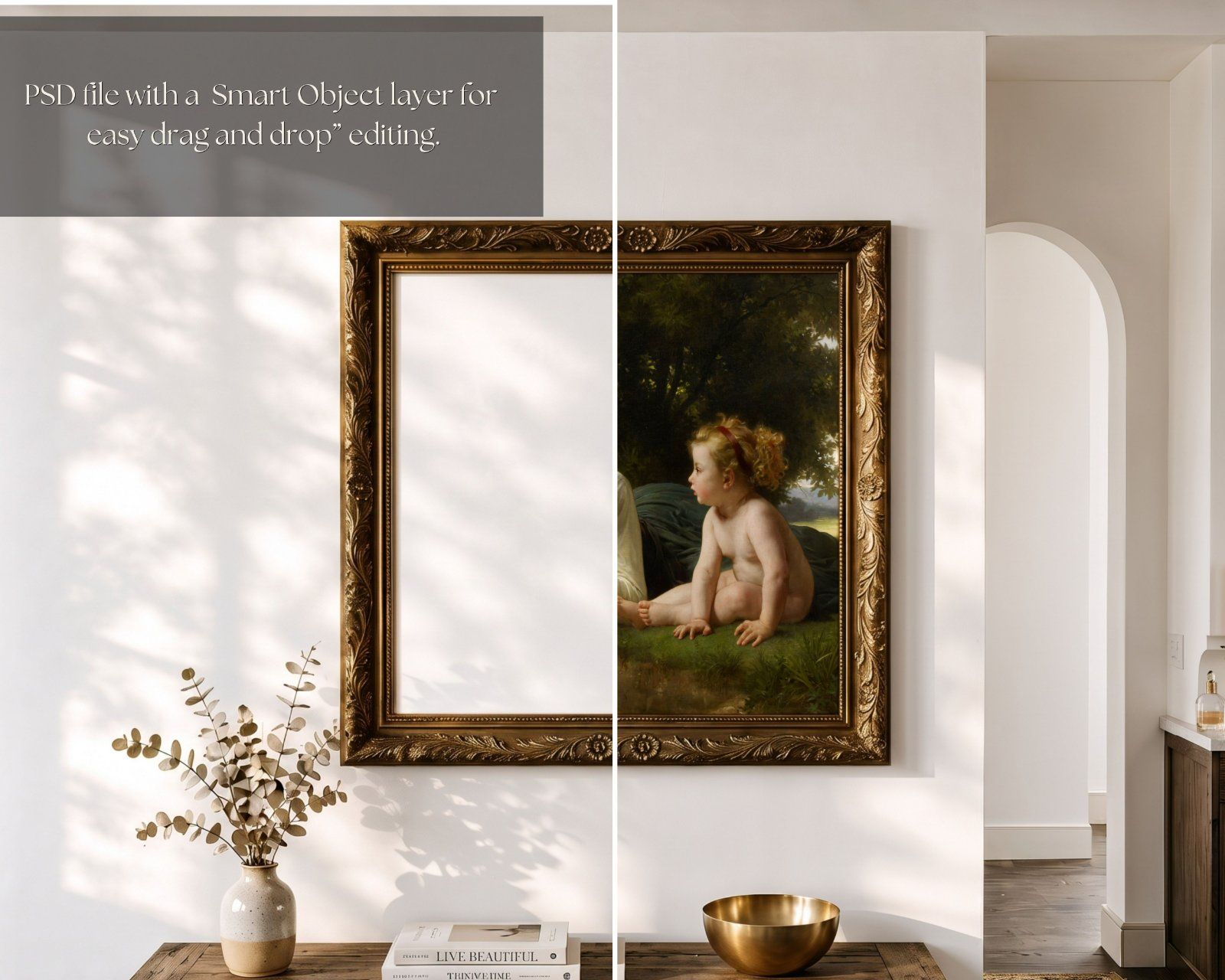 1:1 Square Frame Mockup, gold ornate frame on the wall in Farmhouse Interior,