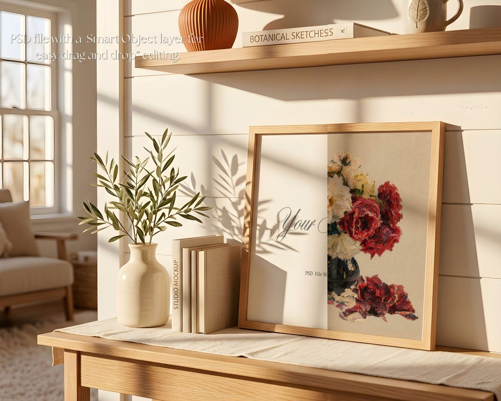 Square Frame Mockup, Thin Oak Frame in Farmhouse Interior, Leaning on the wall frame