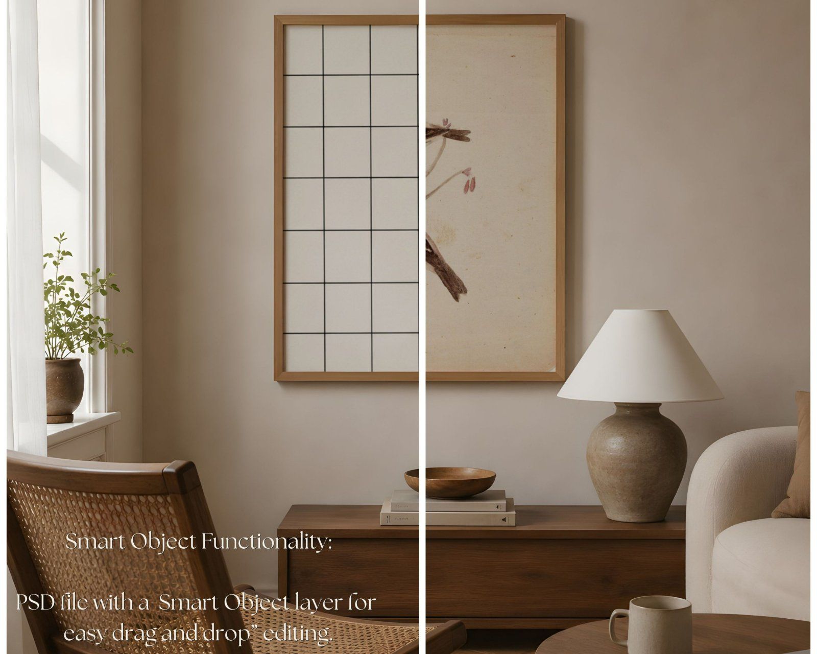 4x5 Frame Mockup, Modern Interior, Thin Oak Wooden Frame Mockup PSD, Editable Smart Object,