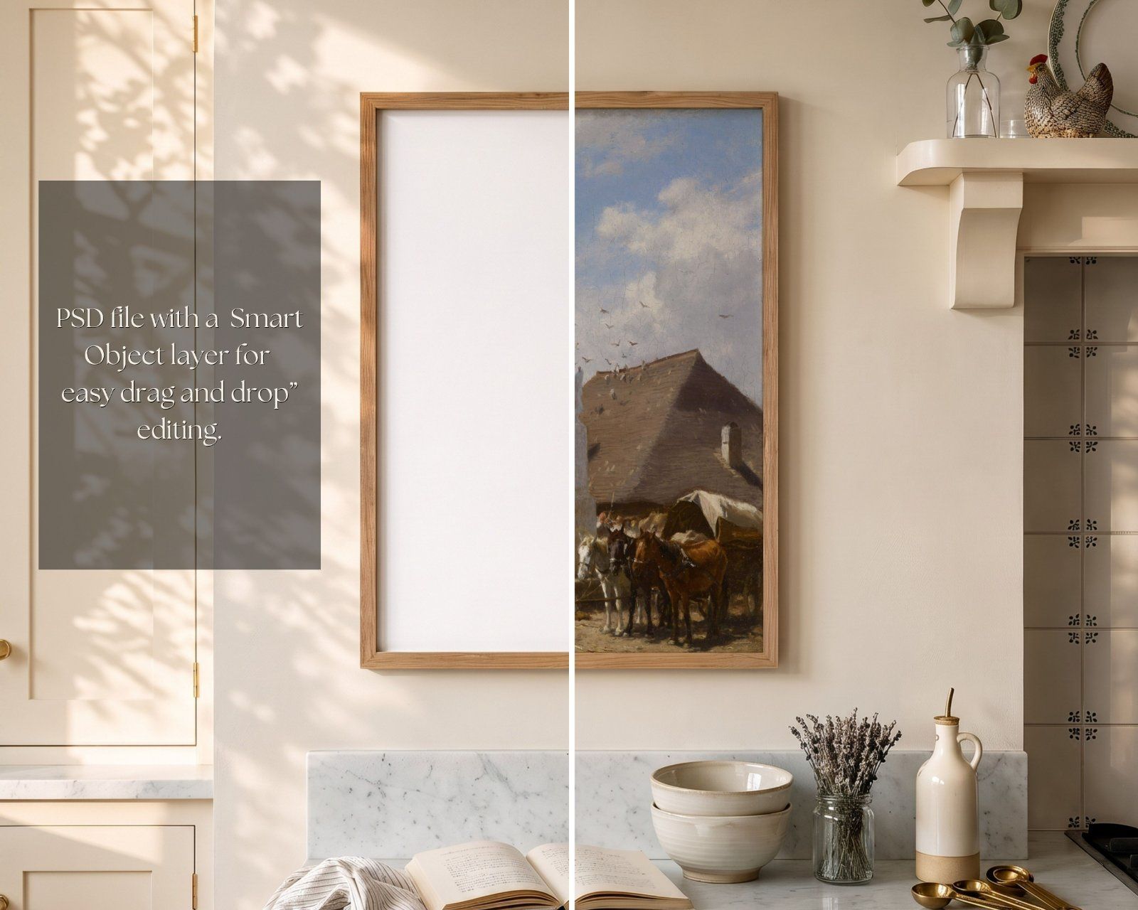 Vertical Frame Mockup, 2:3 Oak Wood Frame in Kitchen Interior,