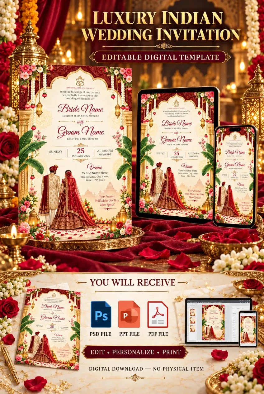 Luxury Indian Wedding Invitation Template | Editable PSD, PPT & PDF | Traditional Hindu Wedding Card — image 3