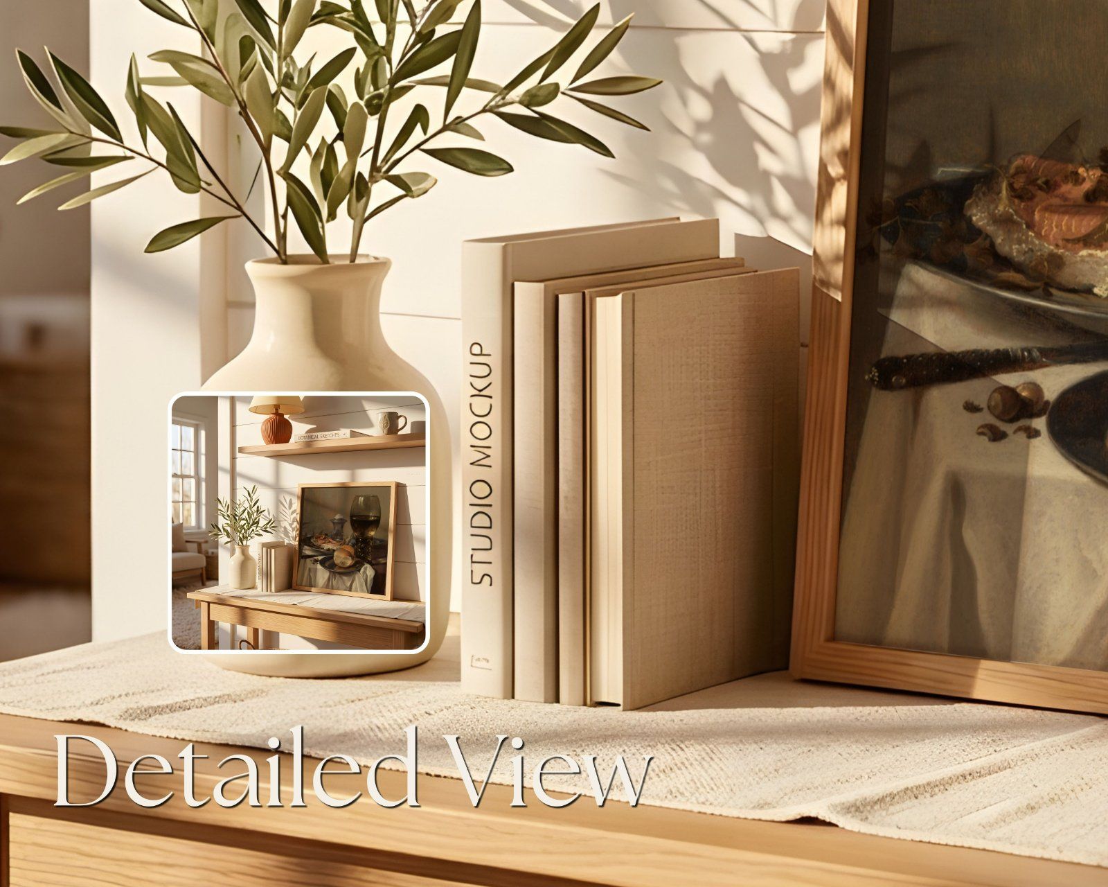 Square Frame Mockup, Thin Oak Frame in Farmhouse Interior, Leaning on the wall frame
