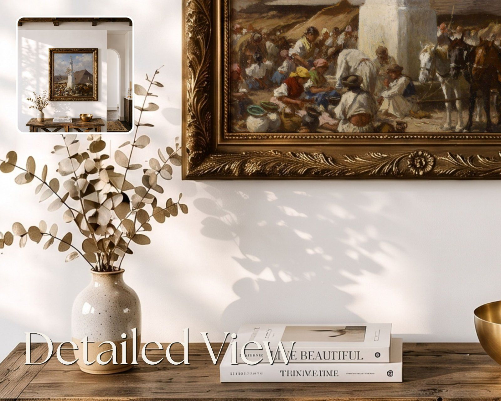1:1 Square Frame Mockup, gold ornate frame on the wall in Farmhouse Interior,