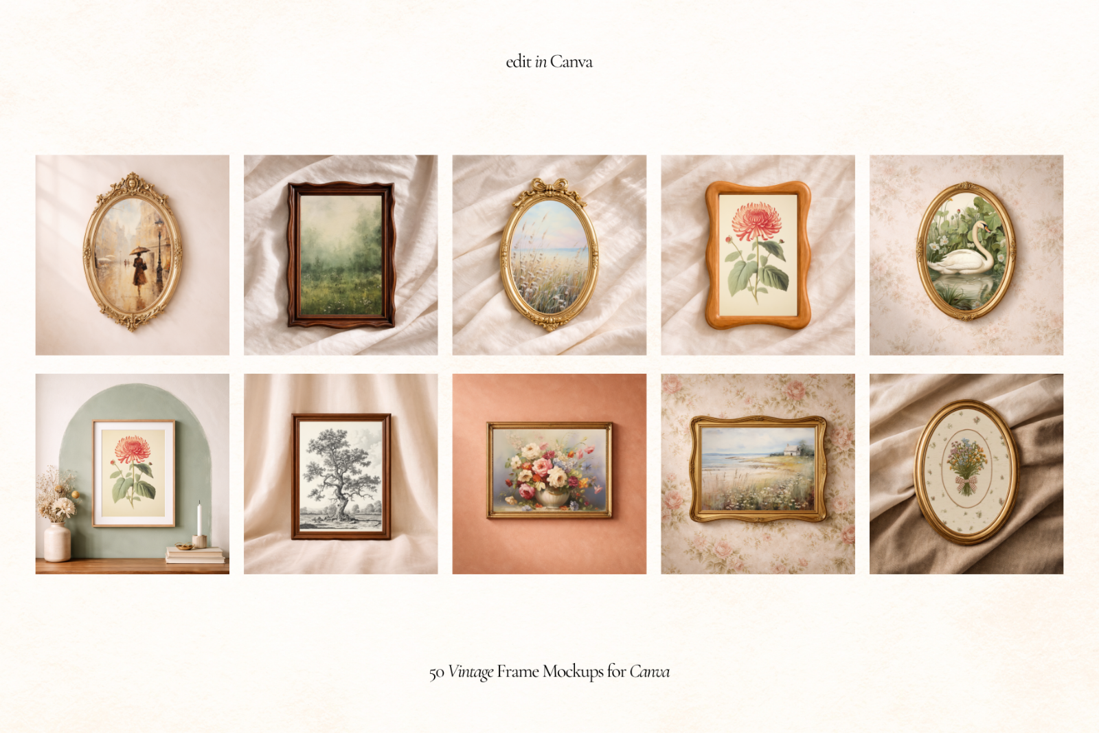 50 Vintage Frame Mockups for Canva