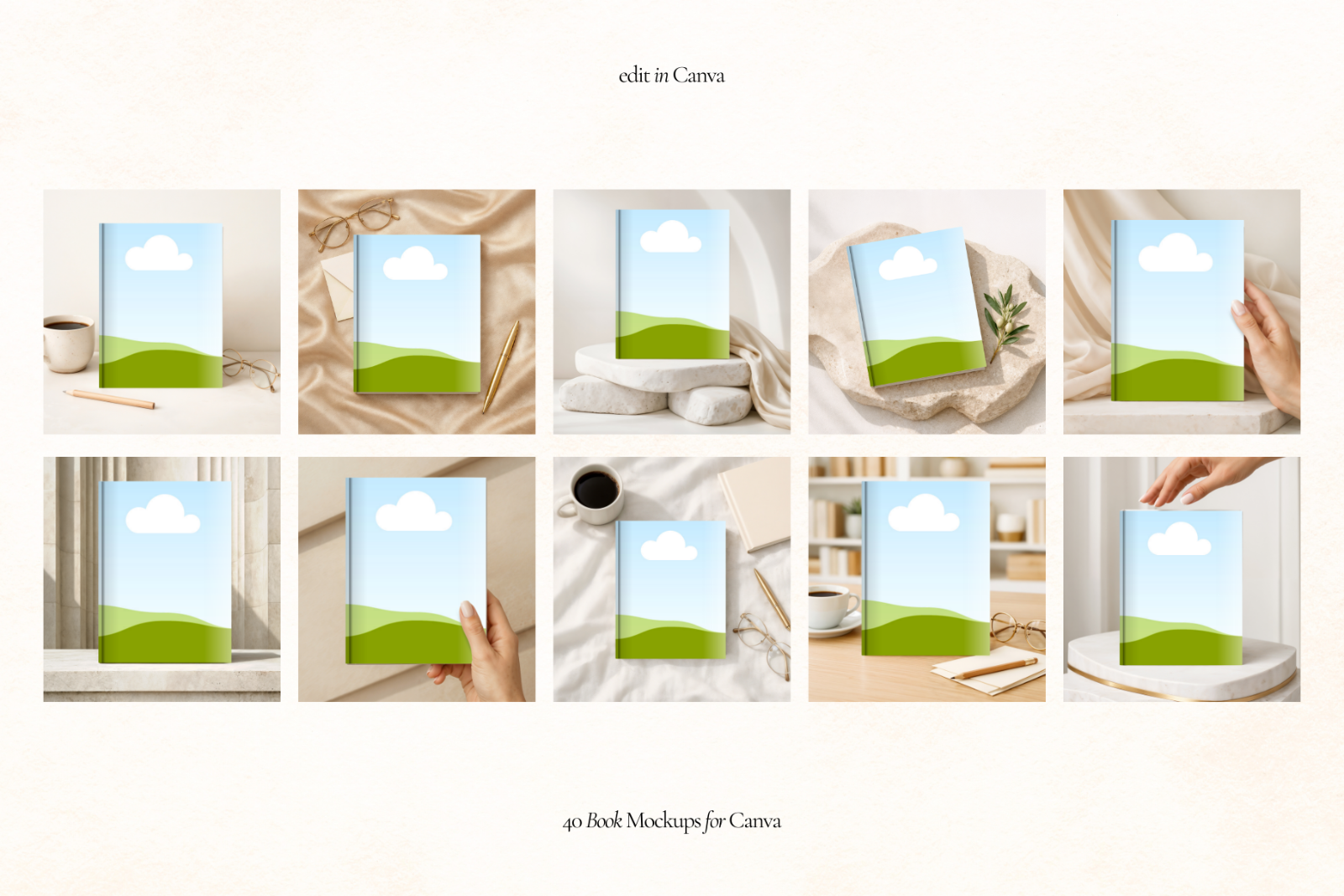 40 Editorial Book Cover Mockups for Canva