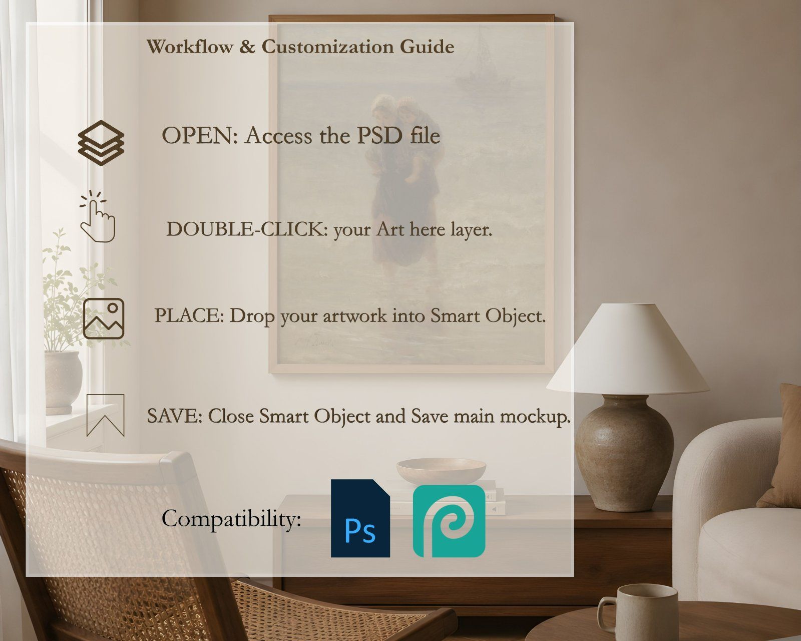 4x5 Frame Mockup, Modern Interior, Thin Oak Wooden Frame Mockup PSD, Editable Smart Object,