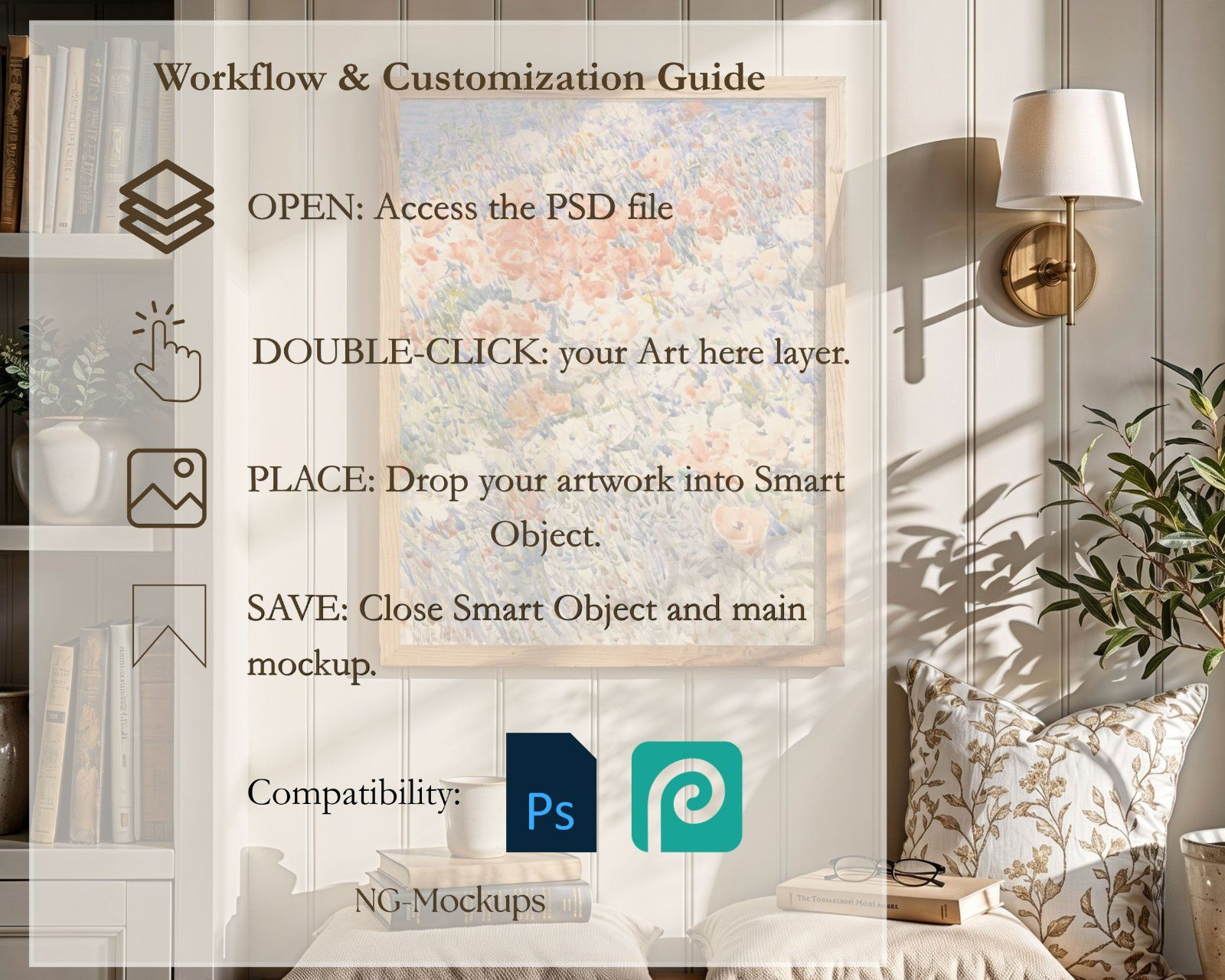 Set of 2 PSD files frame mockup, 5x4 ratio mockup, 4:5 Ratio portrait frame mockup, reading nook dec