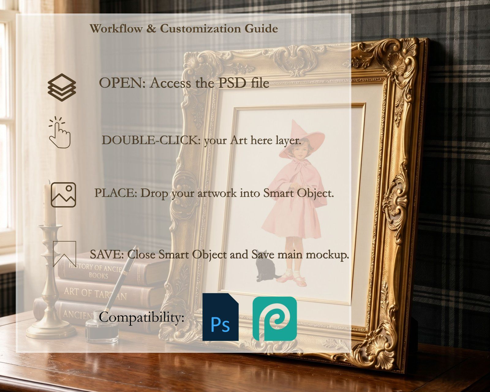 3:4 Gold Ornate Frame Mockup PSD, Vintage Antique Picture Frame Mockup, Editable Smart Object,