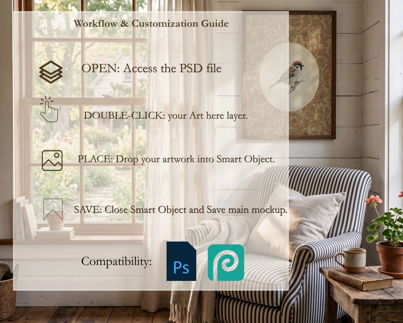 3:4 Wooden Frame Mockup, Rustic Farmhouse Wall Art Scene (PSD, JPG),