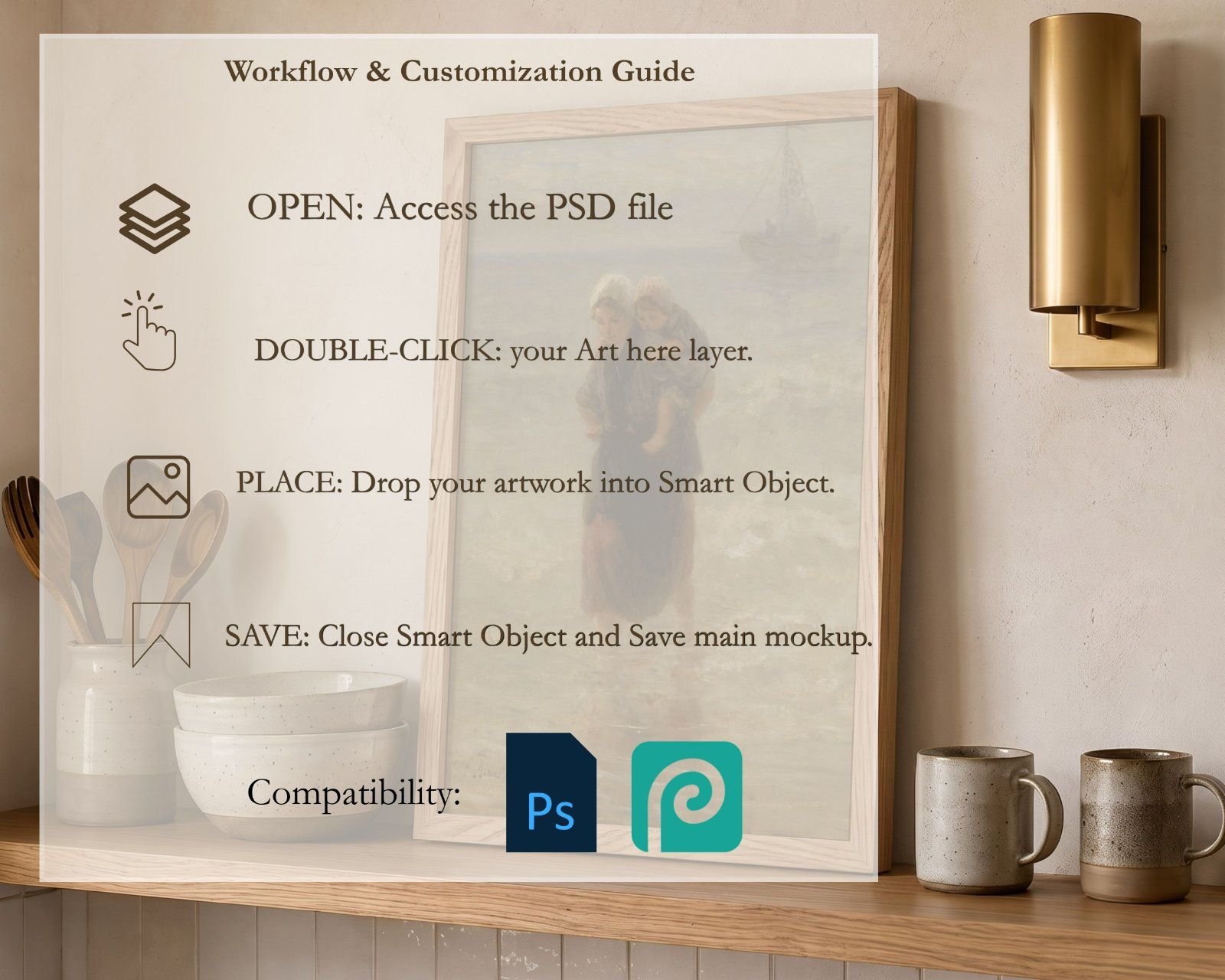 2X3 Frame Mockup, Thin Oak Frame Mockup on the kitchen shelf, Realistic PSD Template