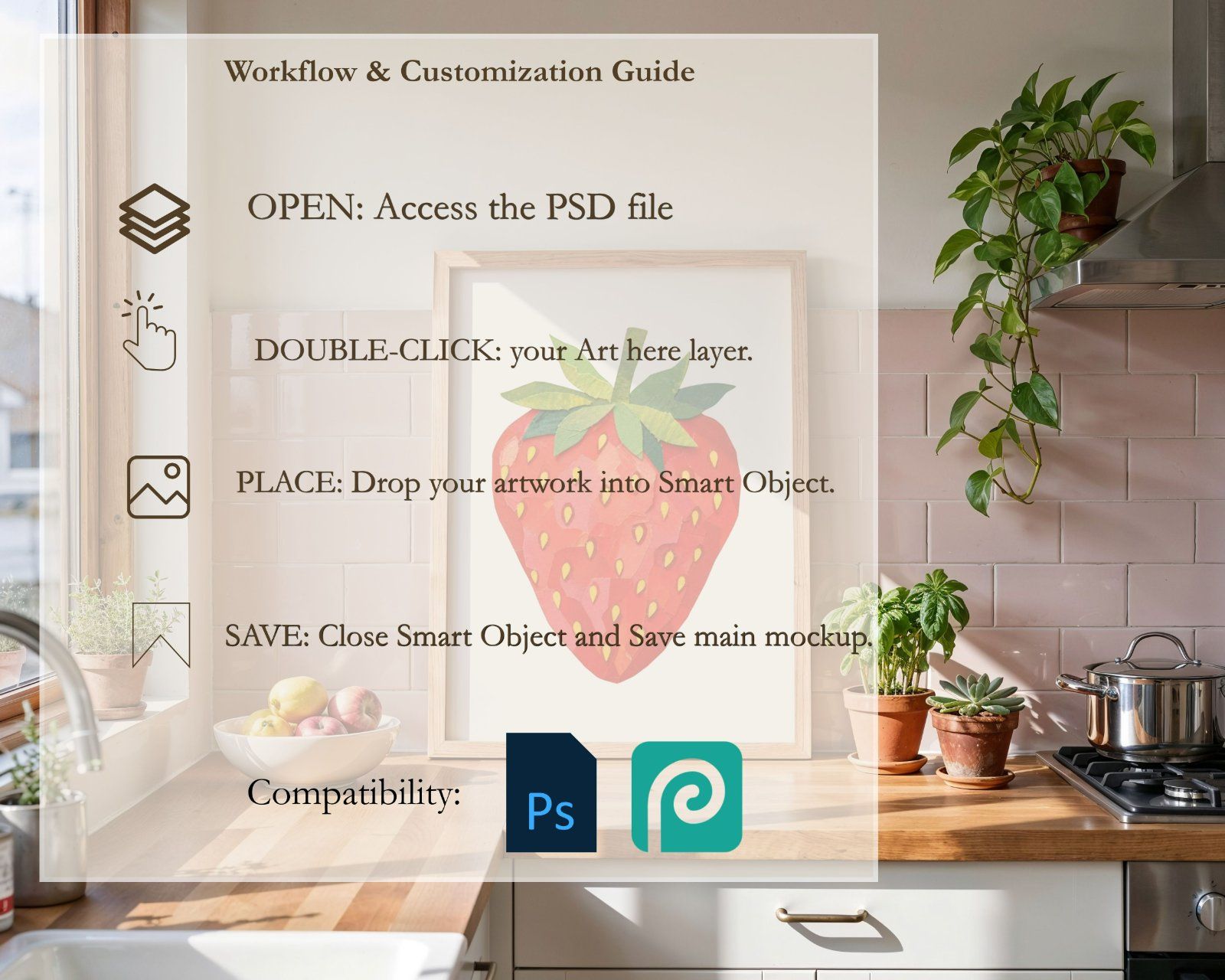 Kitchen Frame Mockup, Vertical 3x4 Ratio Frame on Wooden kitchen Counter mockup,