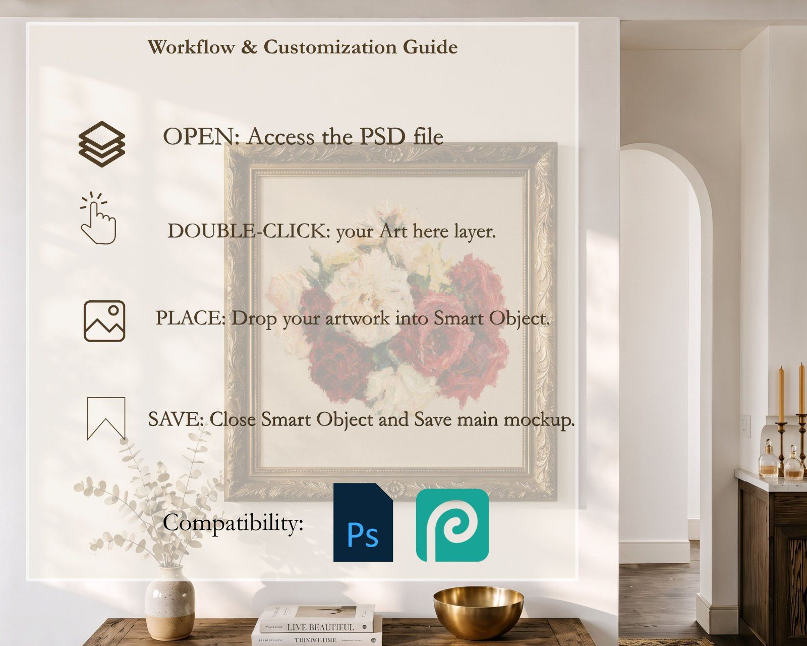 1:1 Square Frame Mockup, gold ornate frame on the wall in Farmhouse Interior,