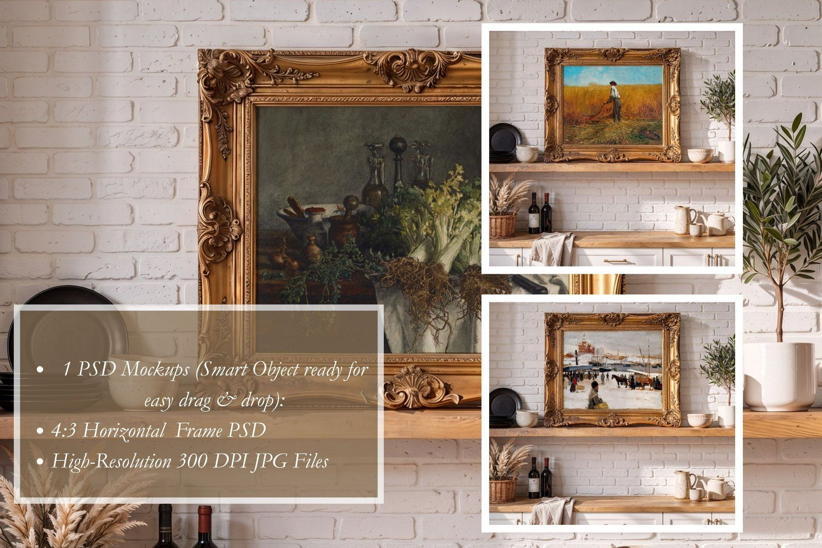 Gold ornate frame Mockup PSD, horizontal frame Ratio 4x5