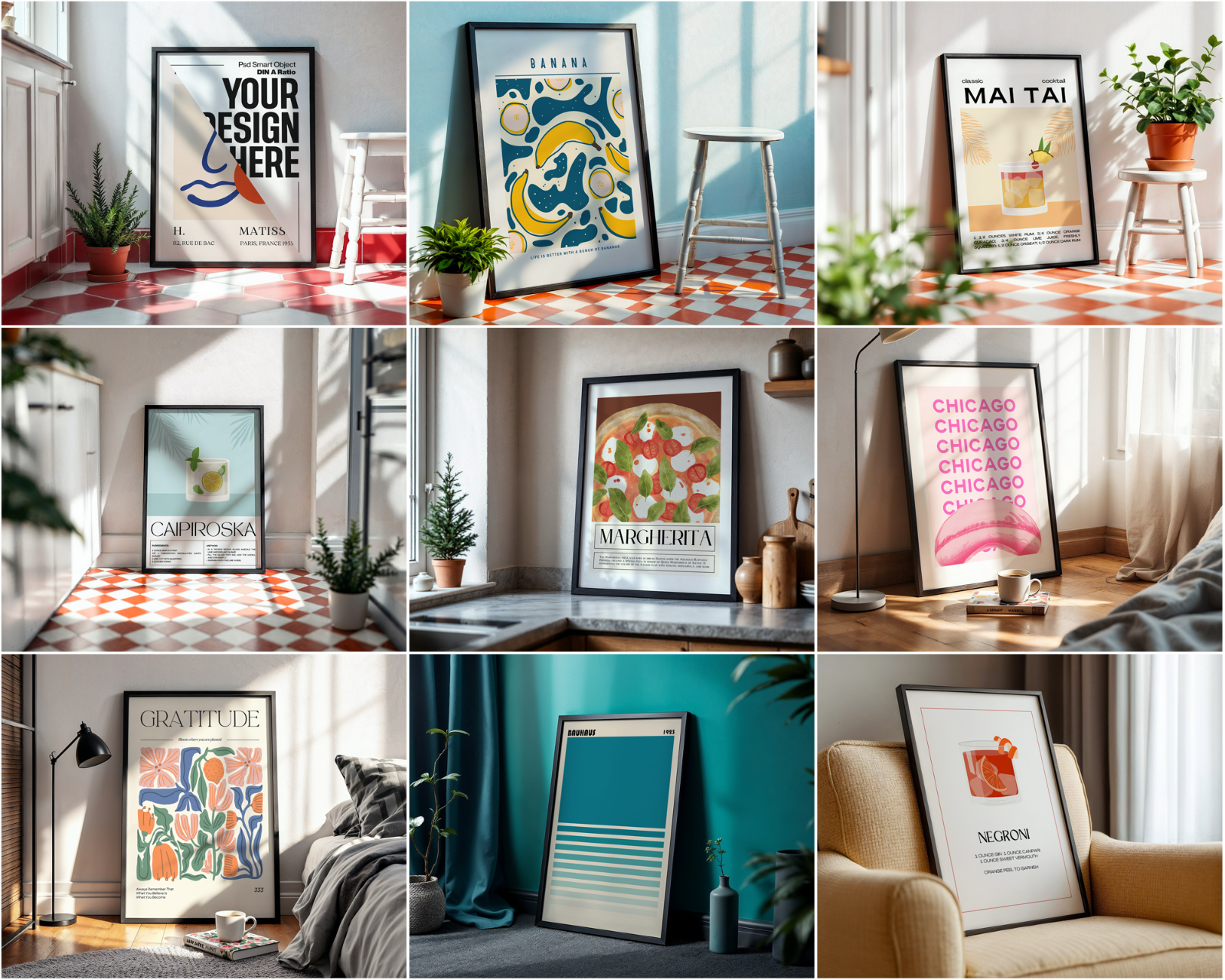 100 Black Frame Poster Mockup PSD Bundle, Wall Art & Poster Smart Object Template