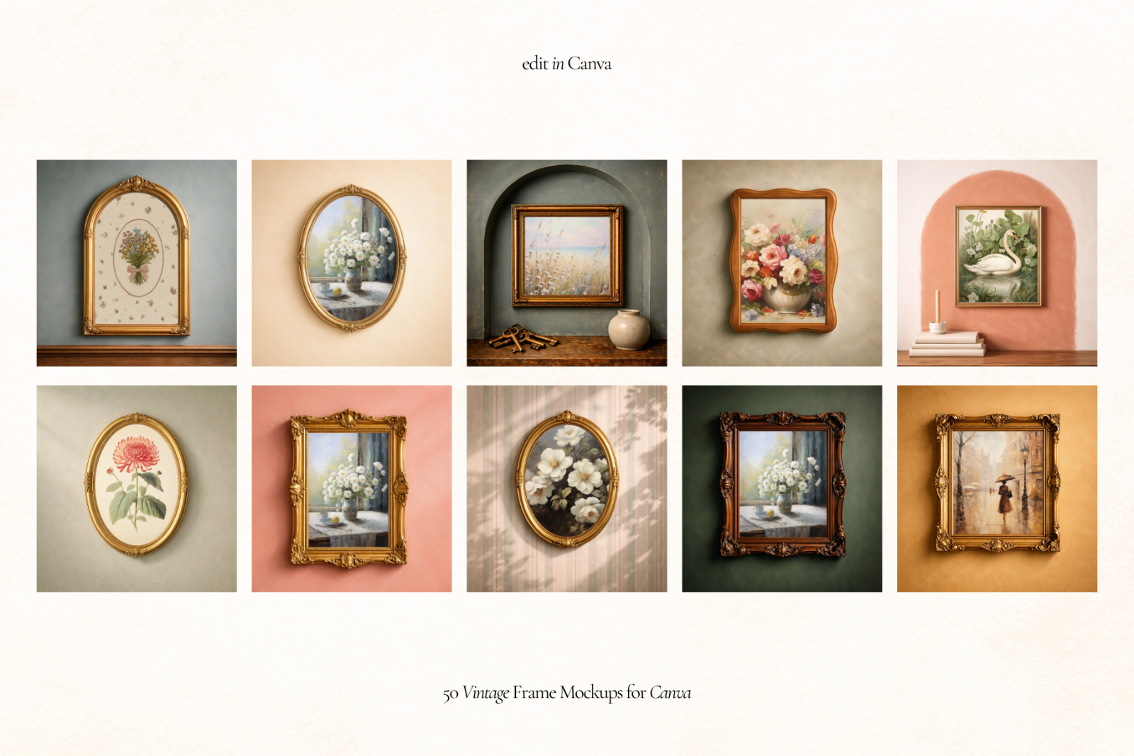 50 Vintage Frame Mockups for Canva