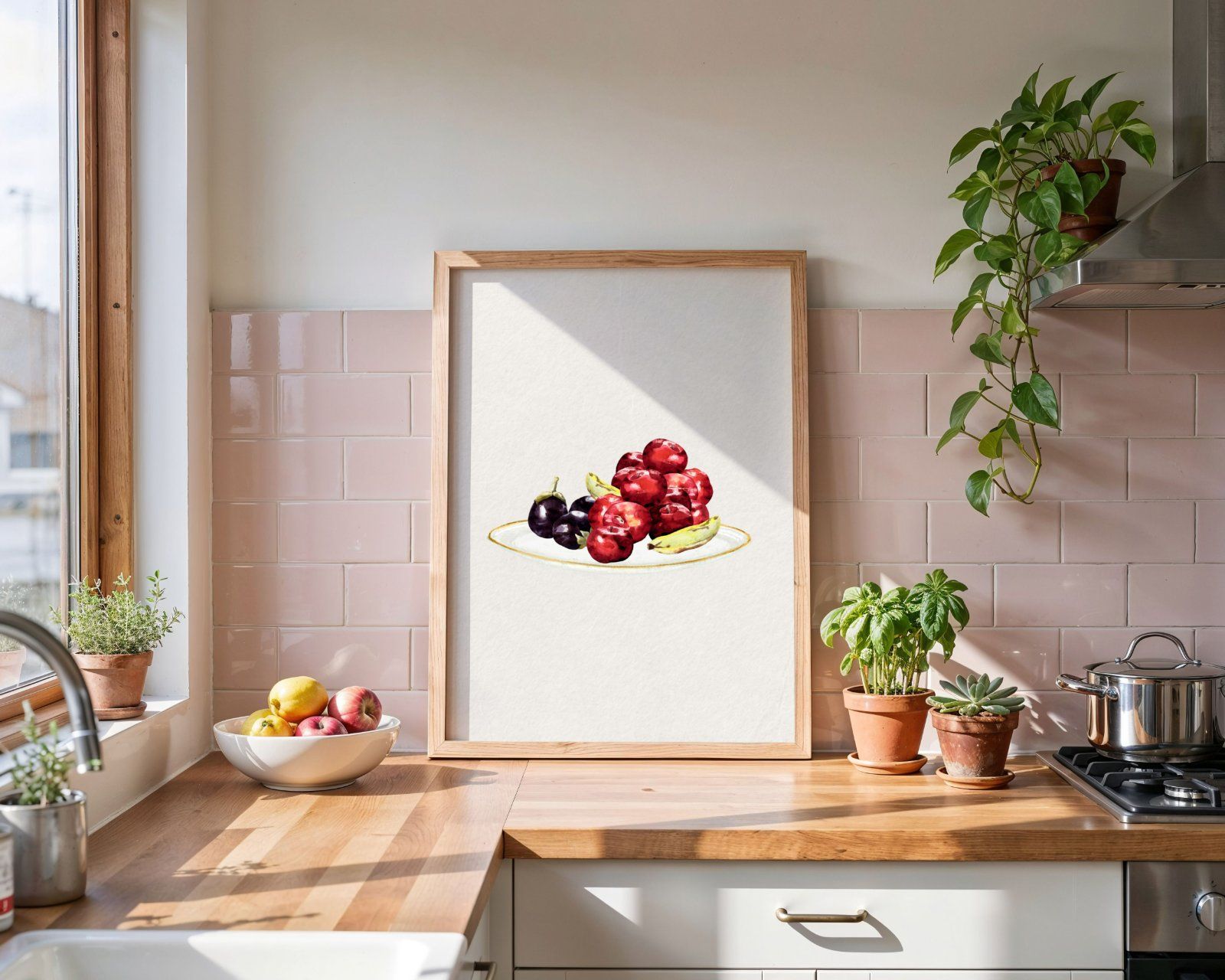 Kitchen Frame Mockup, Vertical 3x4 Ratio Frame on Wooden kitchen Counter mockup,