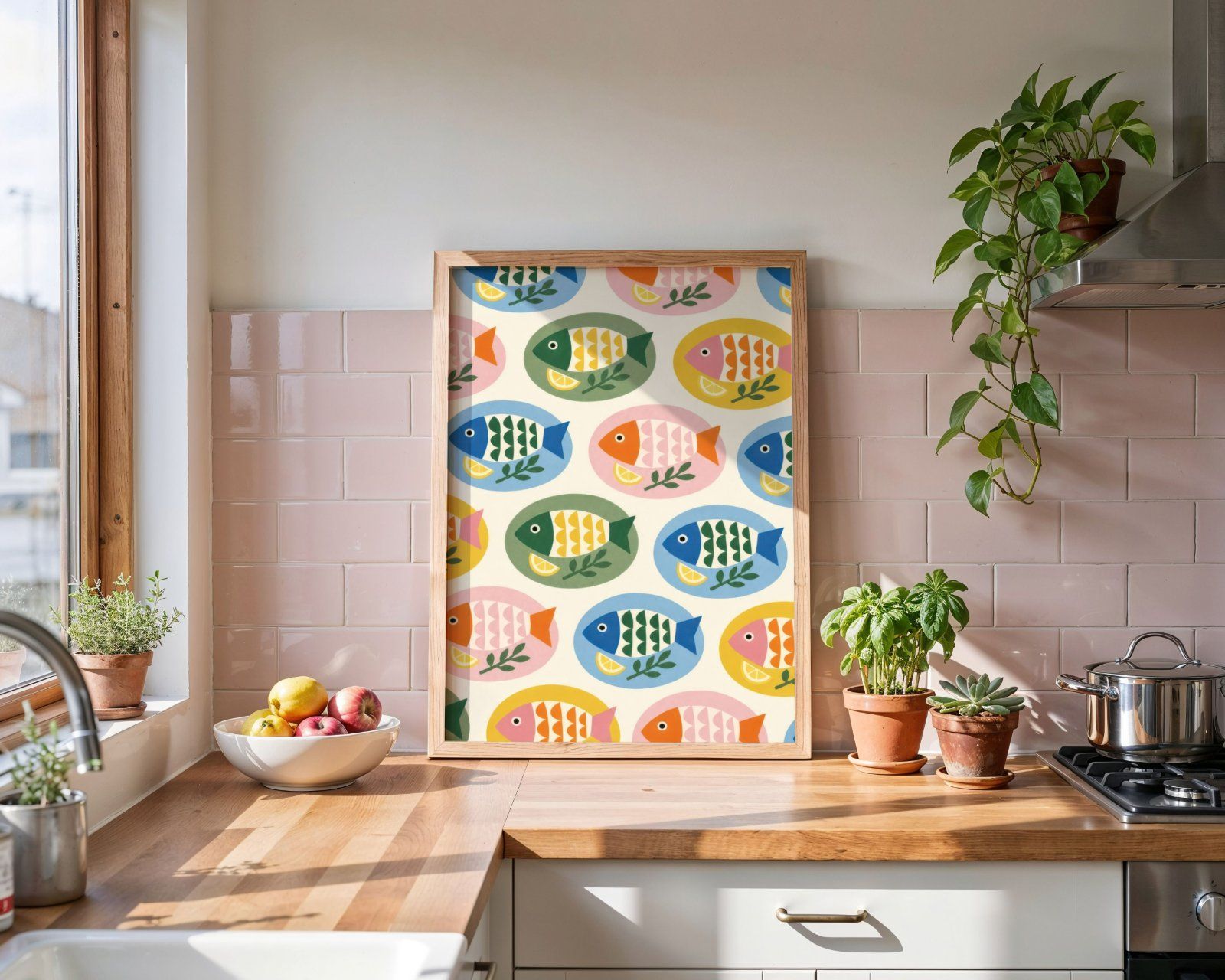 Kitchen Frame Mockup, Vertical 3x4 Ratio Frame on Wooden kitchen Counter mockup,
