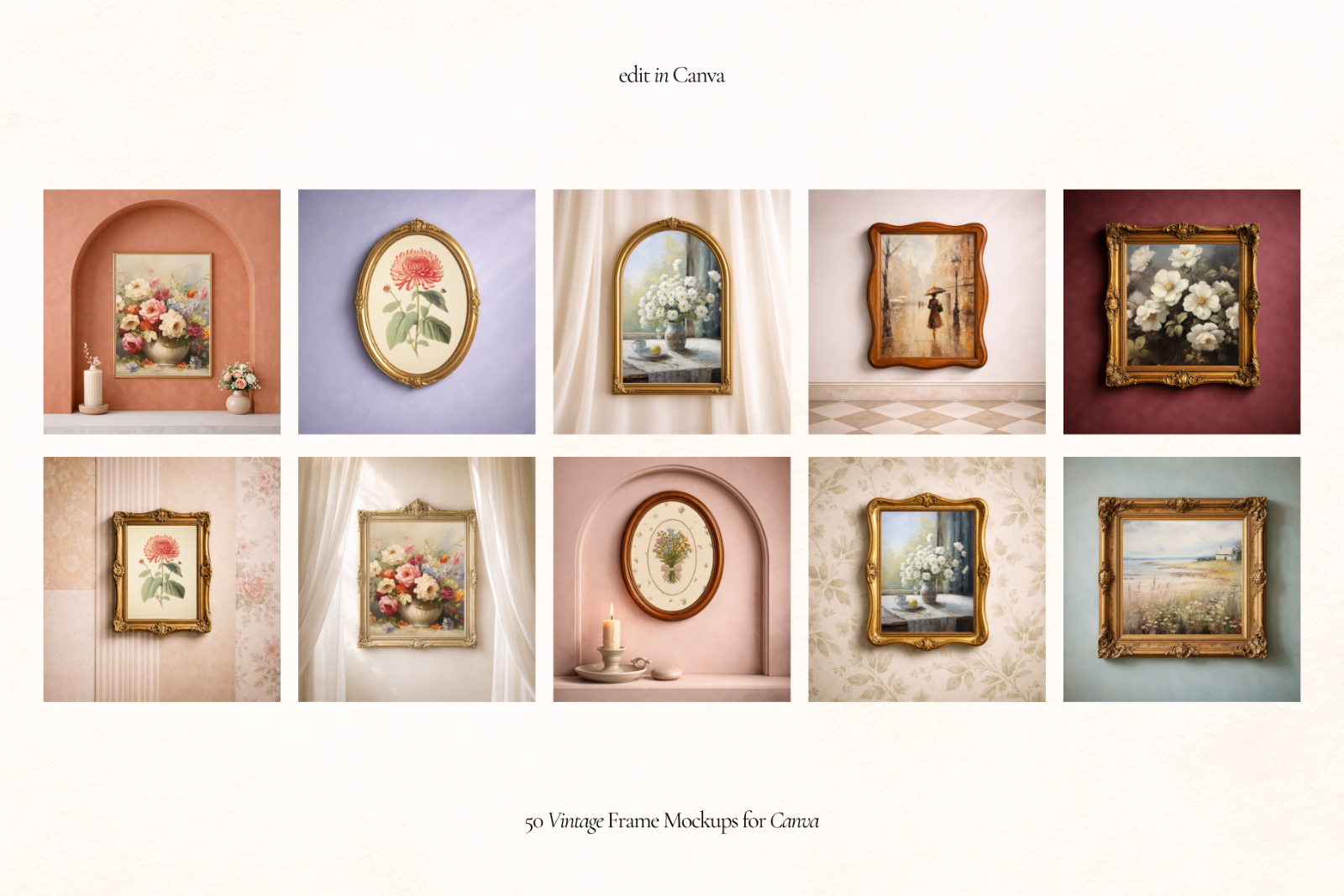 50 Vintage Frame Mockups for Canva