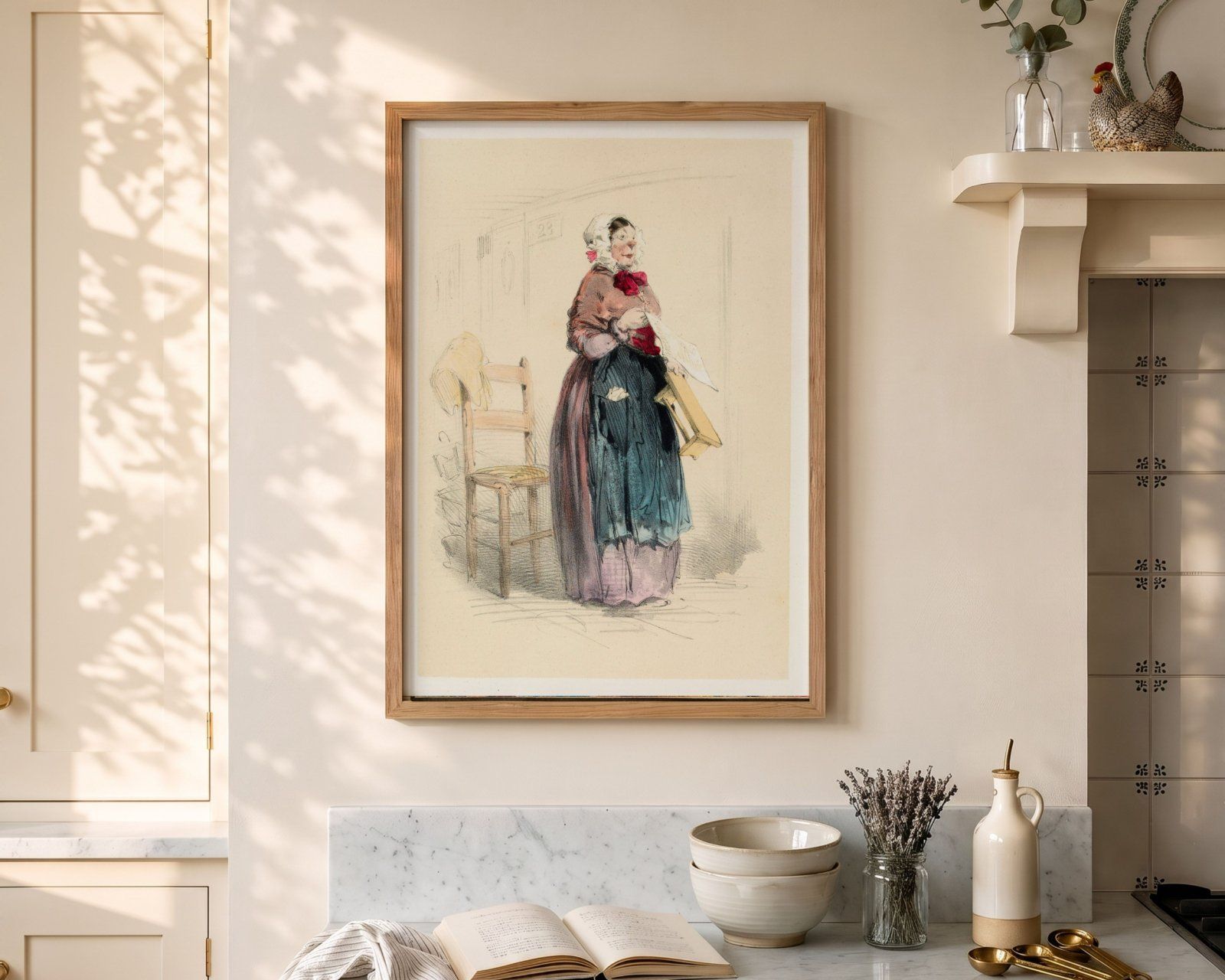 Vertical Frame Mockup, 2:3 Oak Wood Frame in Kitchen Interior,