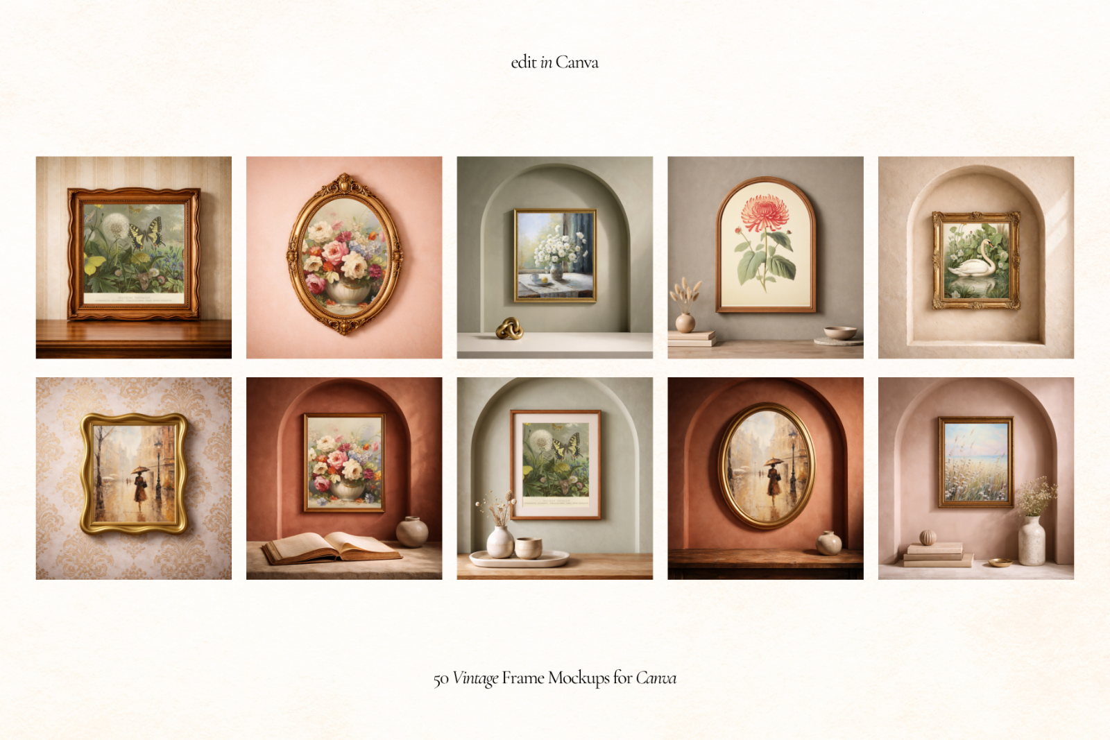 50 Vintage Frame Mockups for Canva