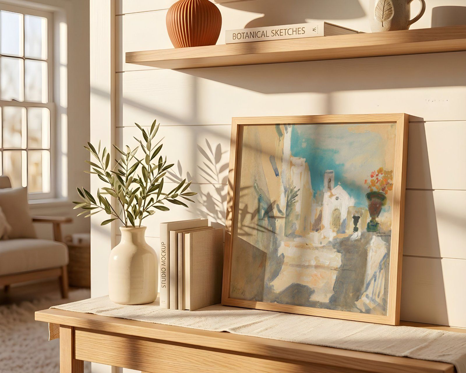 Square Frame Mockup, Thin Oak Frame in Farmhouse Interior, Leaning on the wall frame