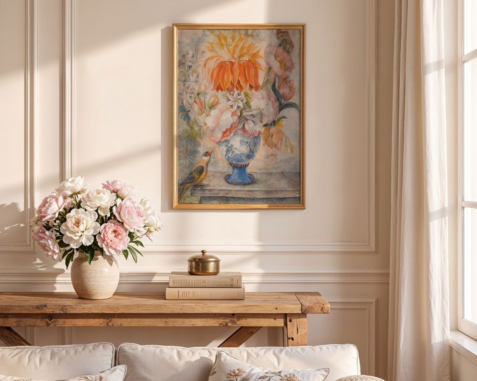 light wood frame in French interior, Vertical Art Display 3x4 ratio, editable PSD file,