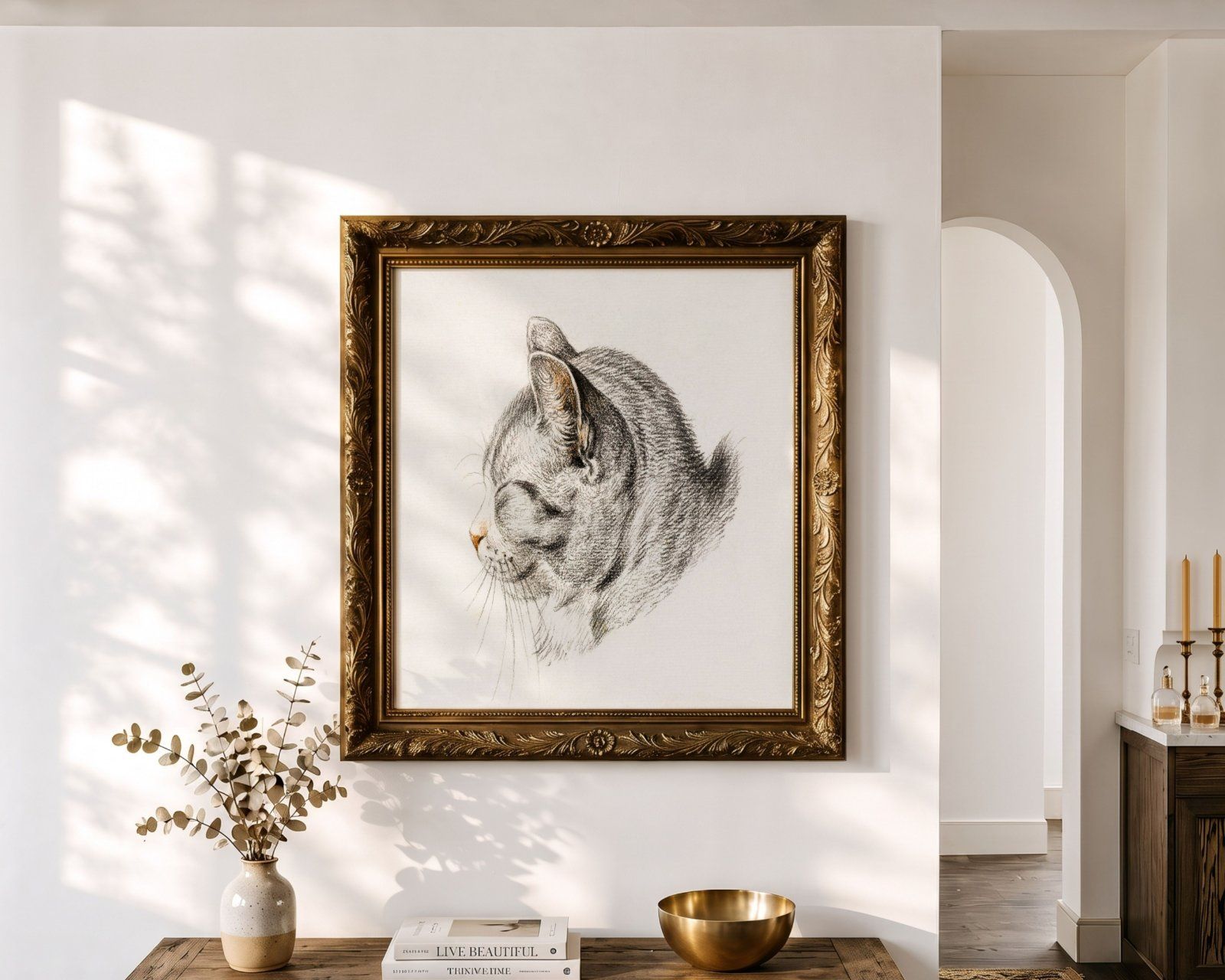 1:1 Square Frame Mockup, gold ornate frame on the wall in Farmhouse Interior,