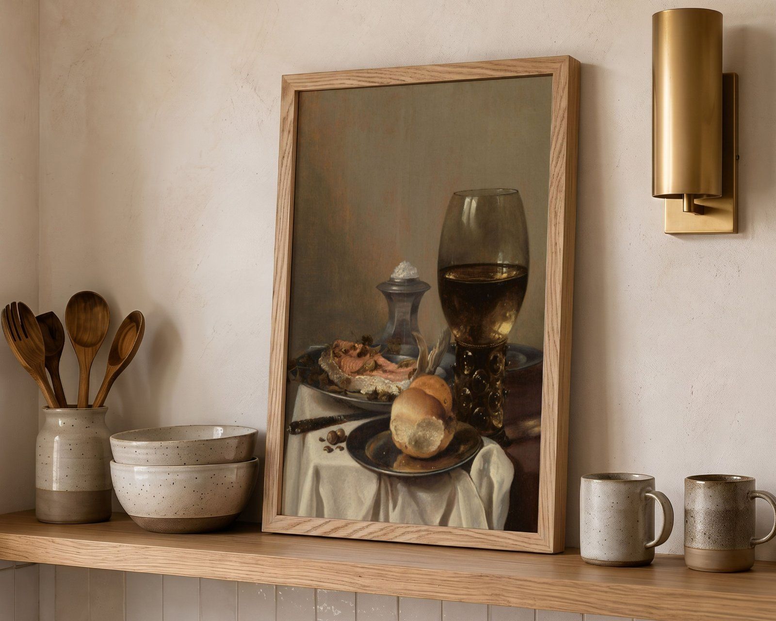 2X3 Frame Mockup, Thin Oak Frame Mockup on the kitchen shelf, Realistic PSD Template