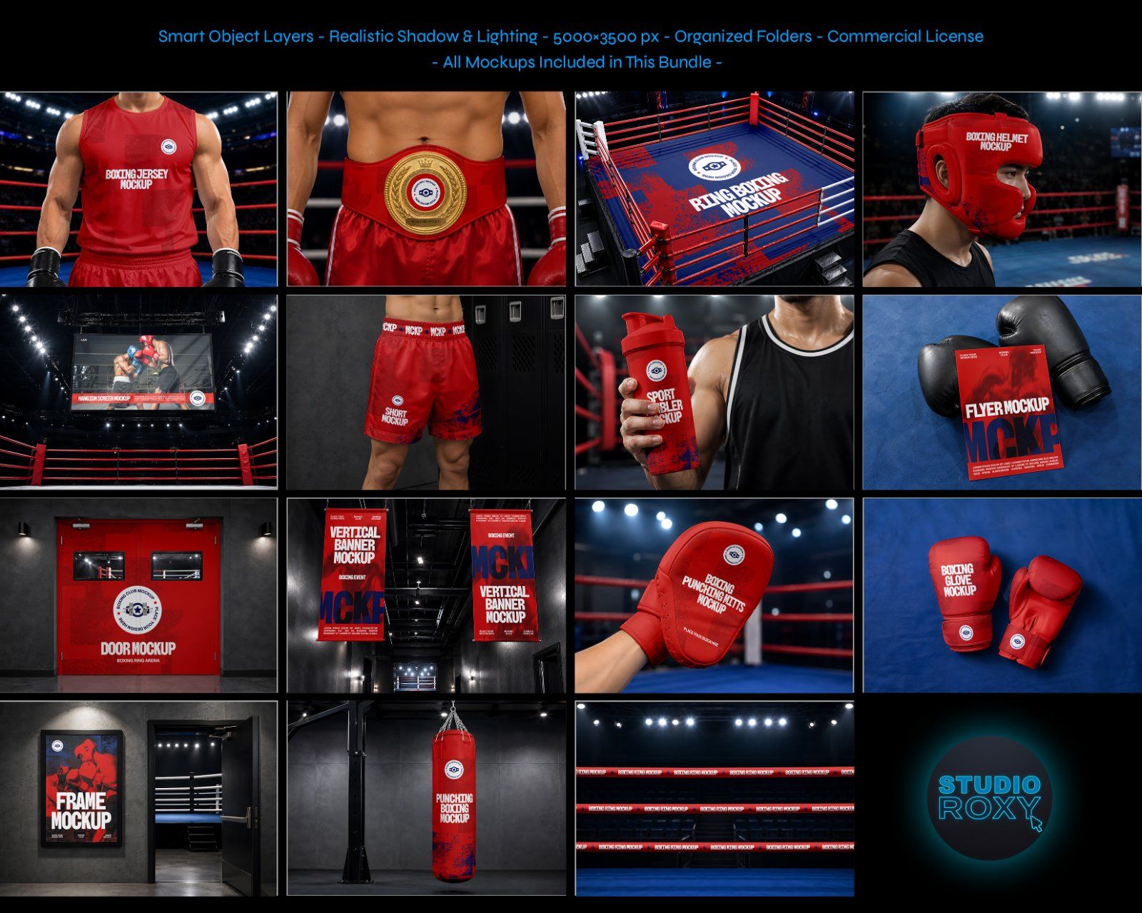 Ultimate Boxing Match Branding Mockup Bundle – 15 Premium PSD Scenes for Combat Sports & Athletic Id