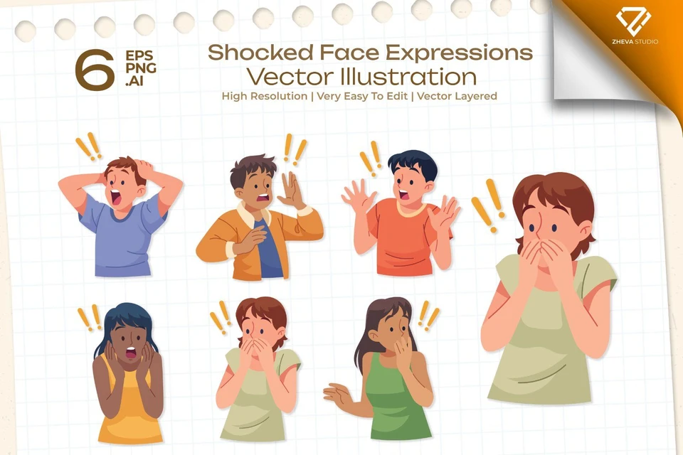 Premium Shocked Face Expressions Vector Illustration – 6 EPS & PNG Files