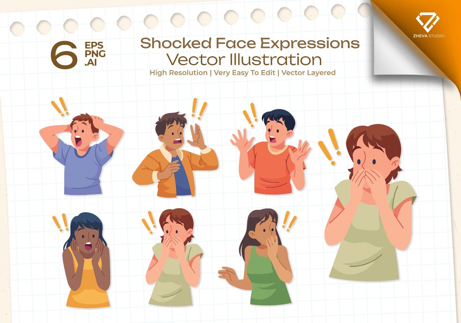 Premium Shocked Face Expressions Vector Illustration – 6 EPS & PNG Files